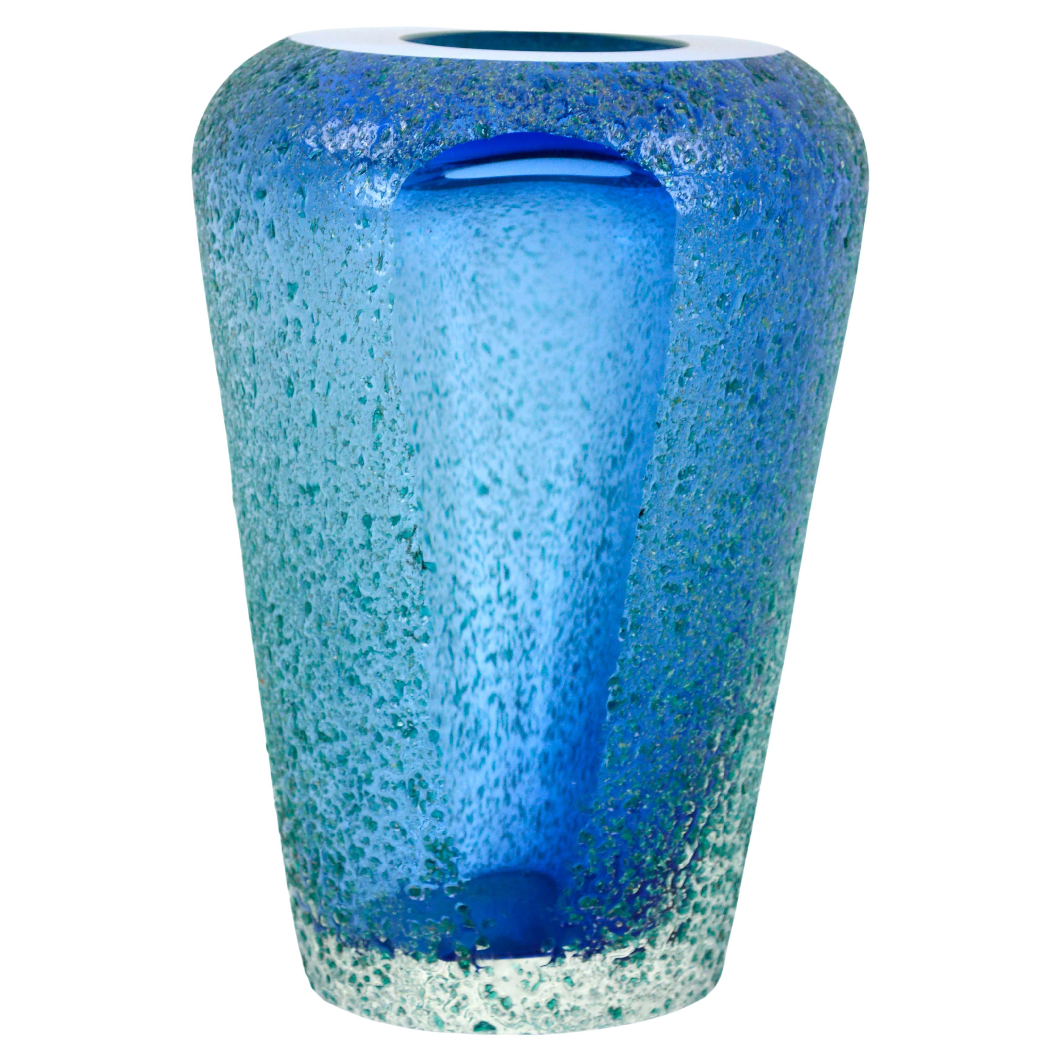 Mid-Century Modern Cobalt & Azure Blue Murano Sommerso Textured Glass Vase 