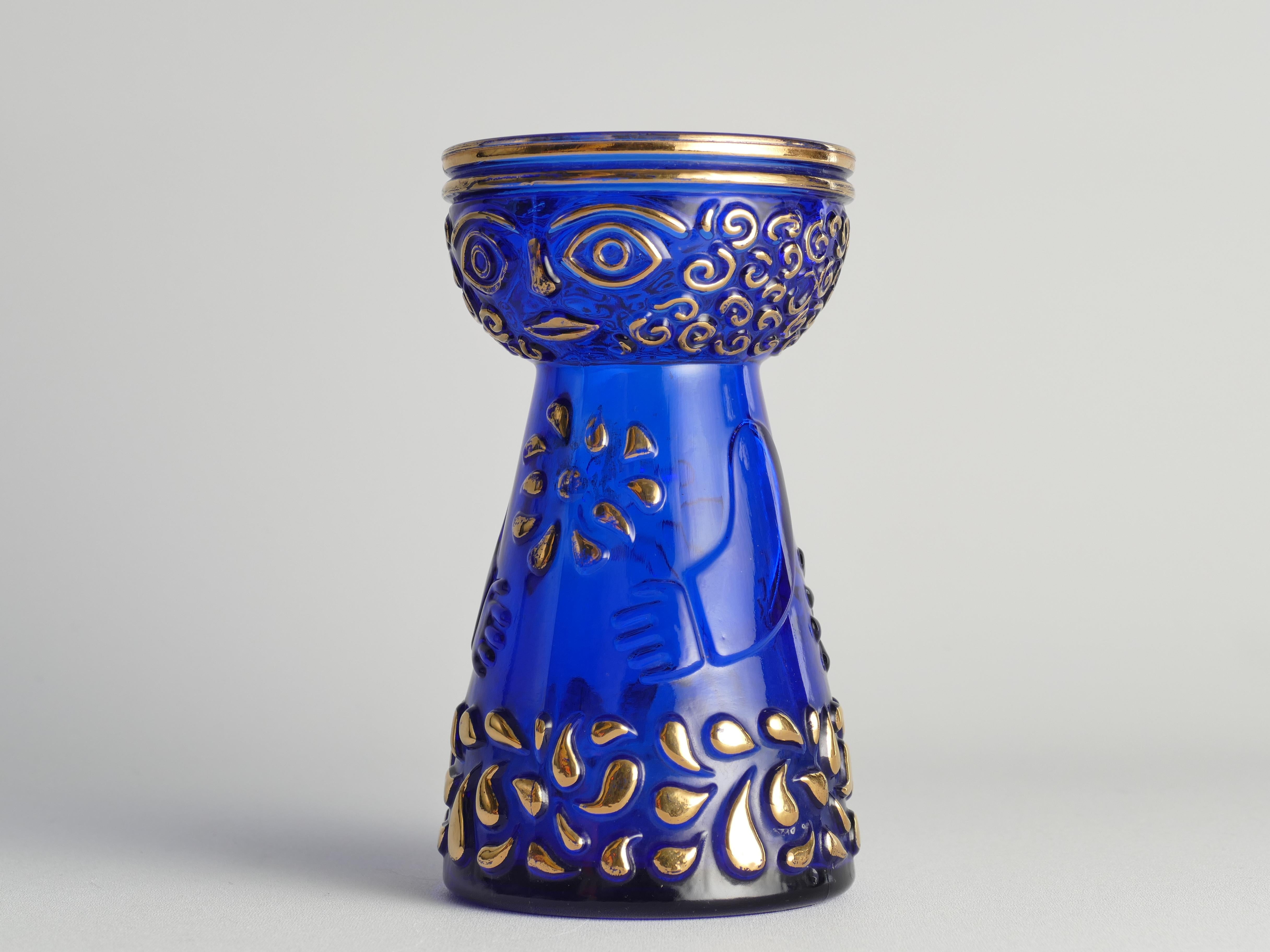 Vase Hyacinth moderne du milieu du siècle dernier en verre bleu cobalt et or par Walther Glas en vente 2
