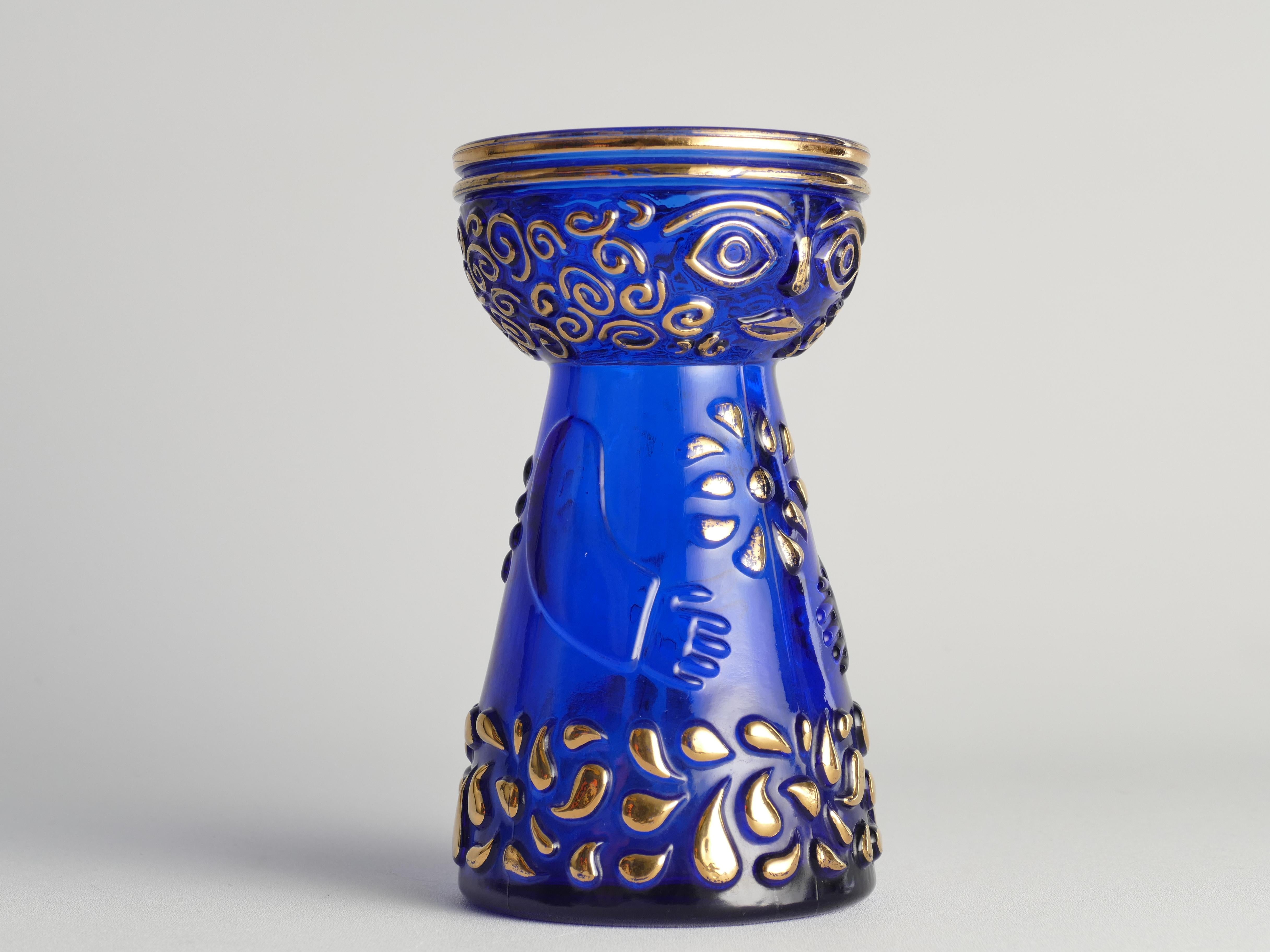 Allemand Vase Hyacinth moderne du milieu du siècle dernier en verre bleu cobalt et or par Walther Glas en vente