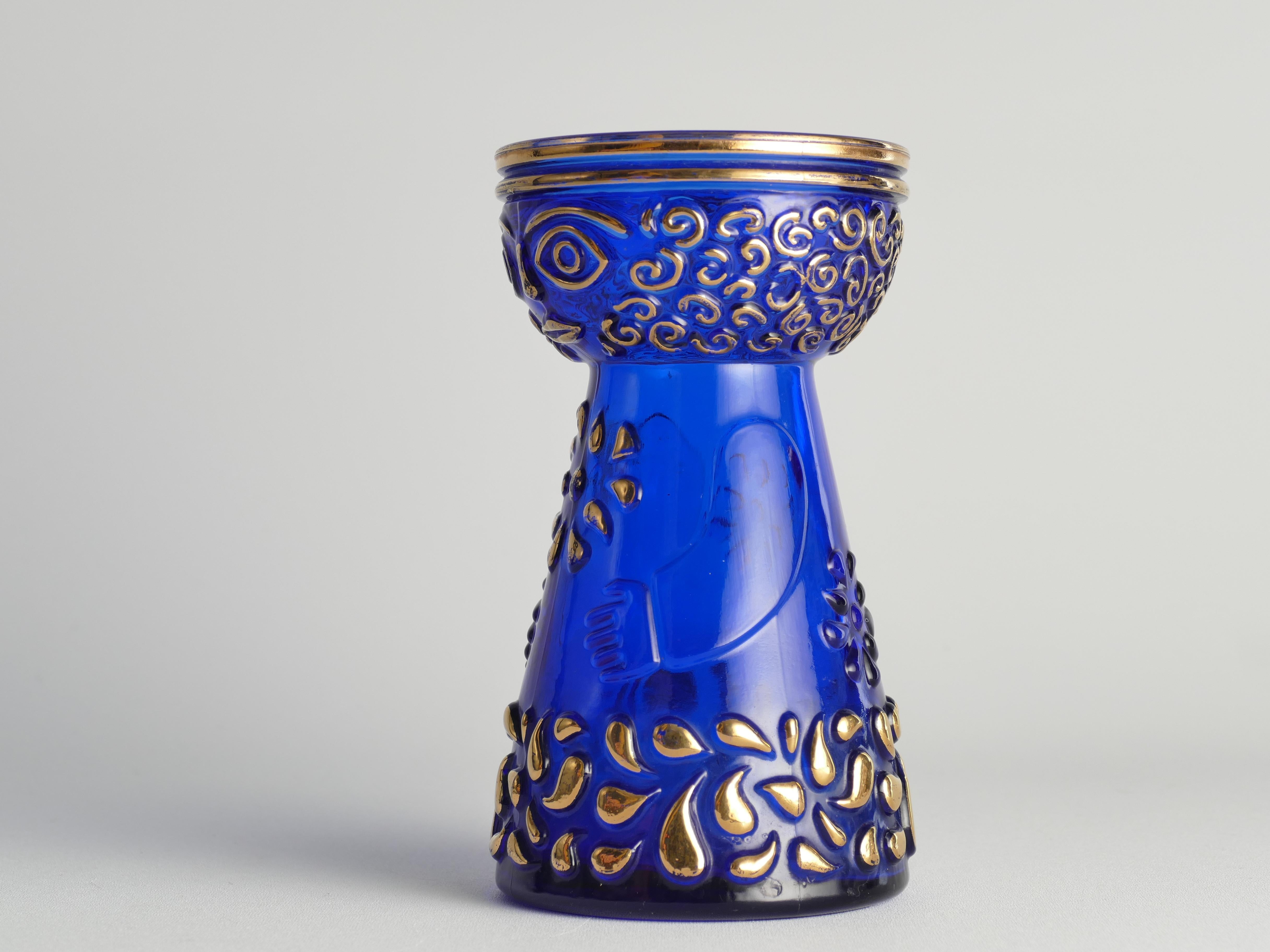 Vase Hyacinth moderne du milieu du siècle dernier en verre bleu cobalt et or par Walther Glas en vente 1