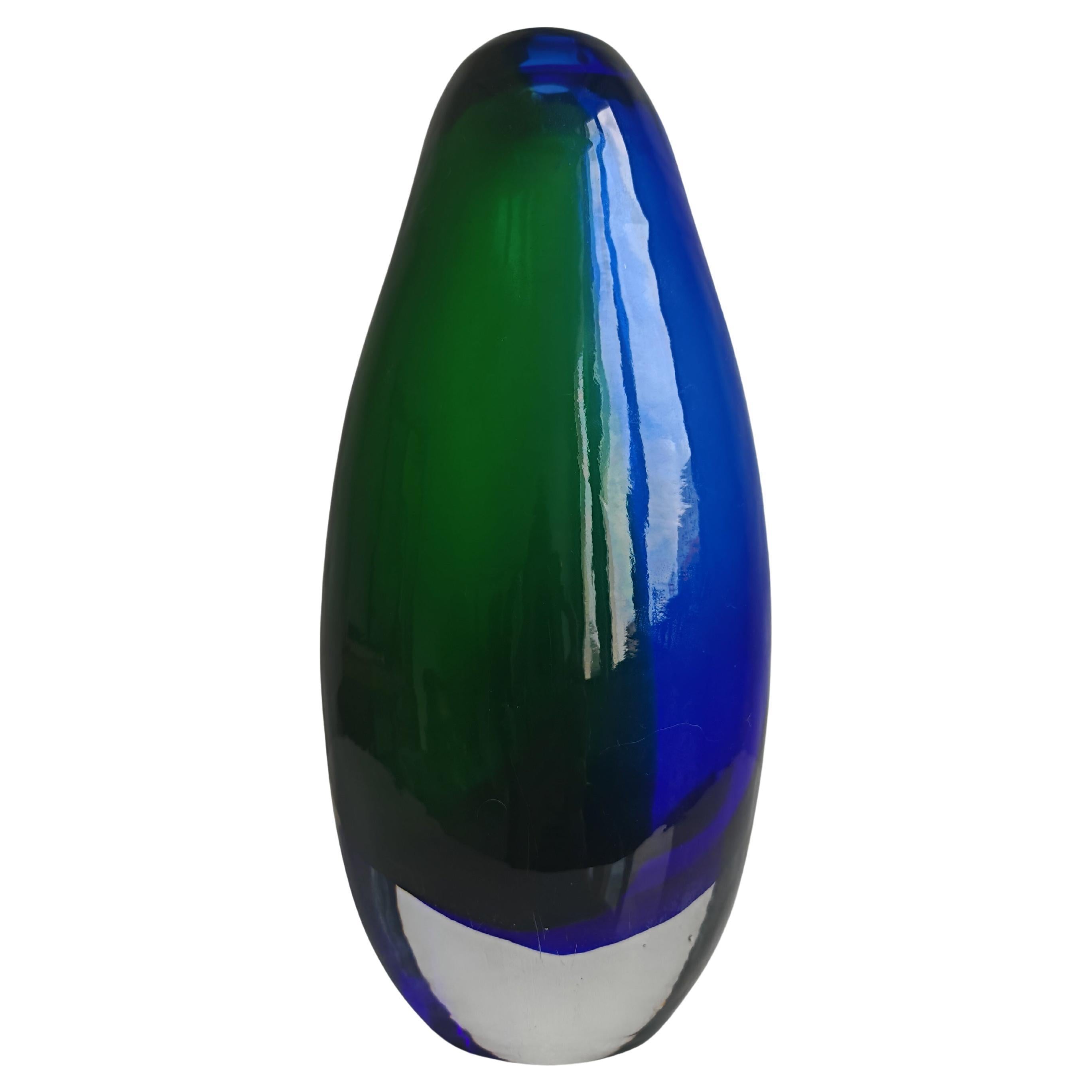 Mid Century Modern Cobalt Blue and Green Murano glass vase by Sommerso, 1970s