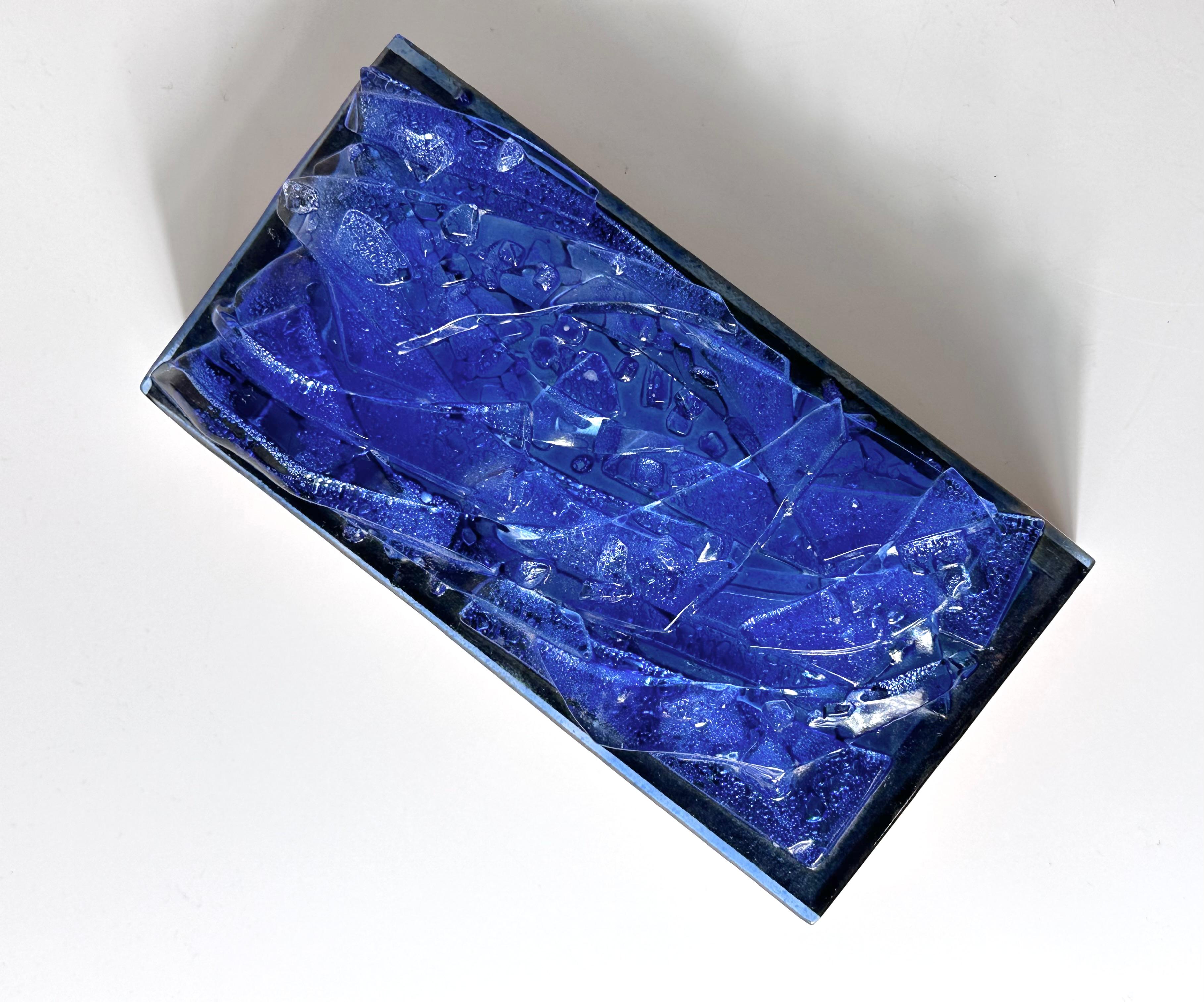 Mid Century Modern Cobalt Blue Fused Glass Teak Trinket Box by Robert Brown For Sale 1