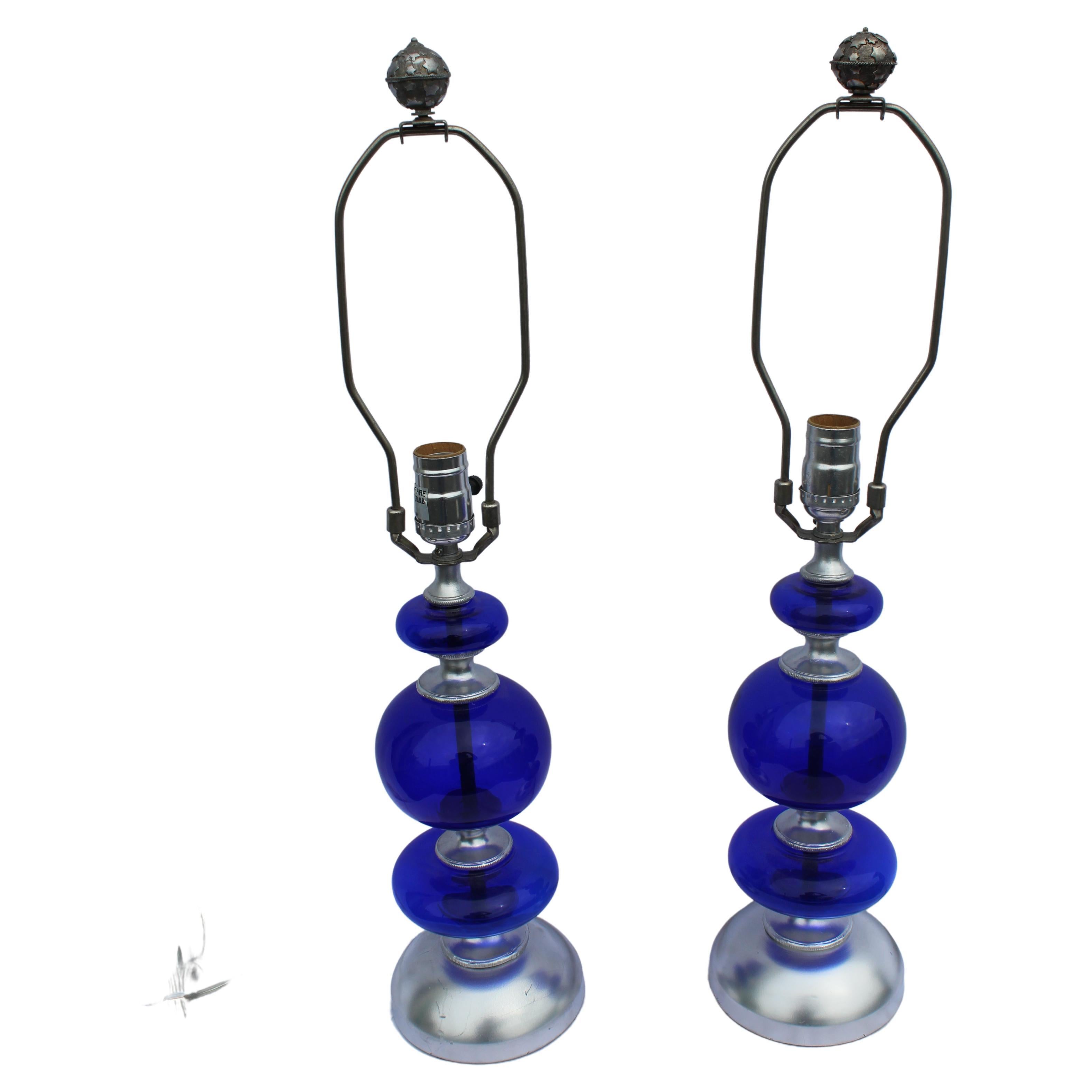 Mid-Century Modern Cobalt Blue Glass Lamps Pair For Sale