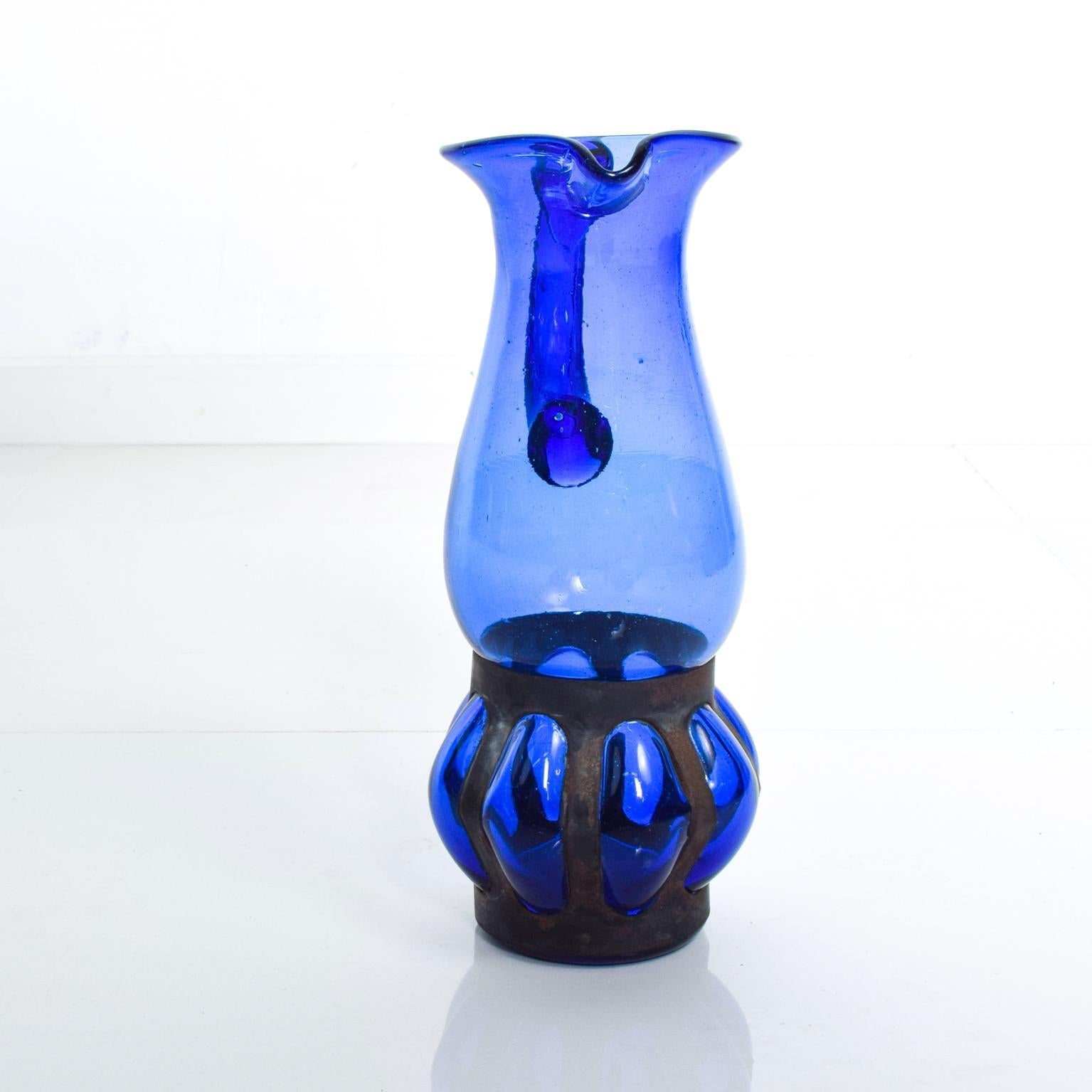 Metal Mid-Century Modern Cobalt Blue Glass Pitcher, Feders Delfinger Mexican Modernist