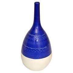 Vintage Mid-Century Modern Cobalt Blue & White Bitossi Style Ceramic Tadinate Vase Italy