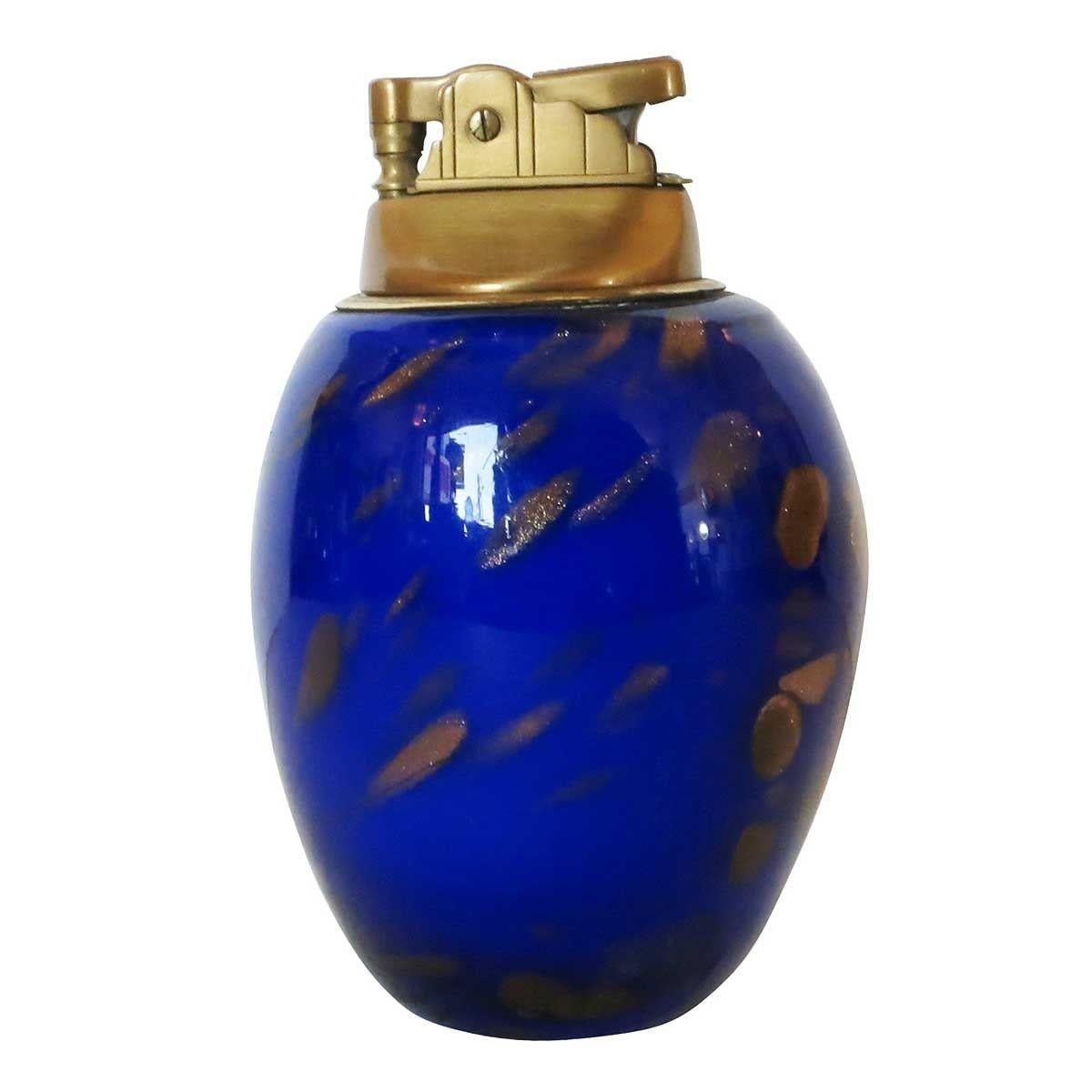 Italian Mid Century Modern Cobalt Murano Glass & Brass Table Lighter W/ Copper Striker For Sale