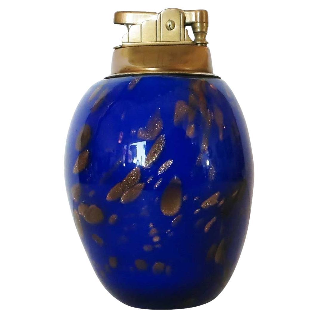 Mid Century Modern Cobalt Murano Glass & Brass Table Lighter W/ Copper Striker For Sale