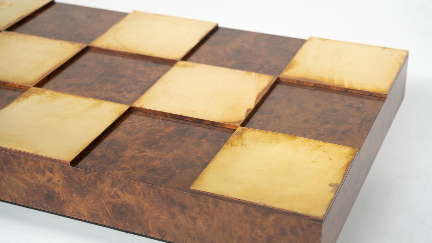 Italian Mid-Century Modern Coffee Table, Brass and Burl Wood, Italy, 1970s For Sale