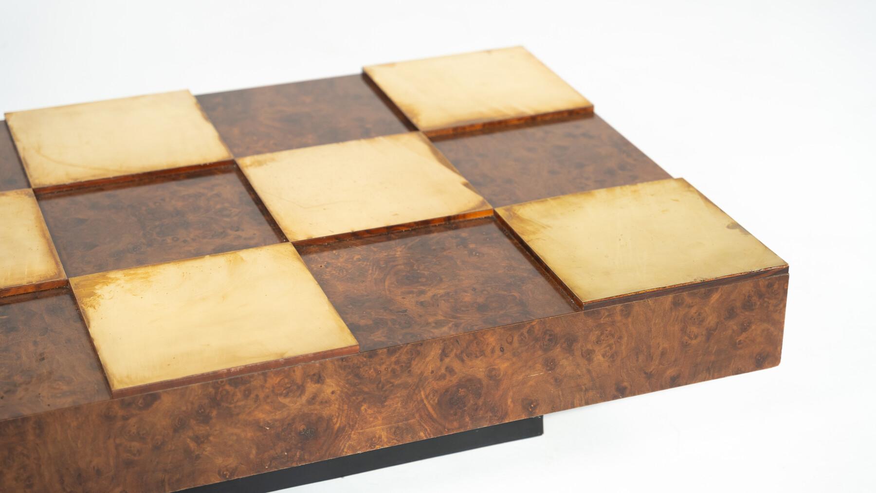 Mid-Century Modern Coffee Table, Brass and Burl Wood, Italy, 1970s For Sale 1