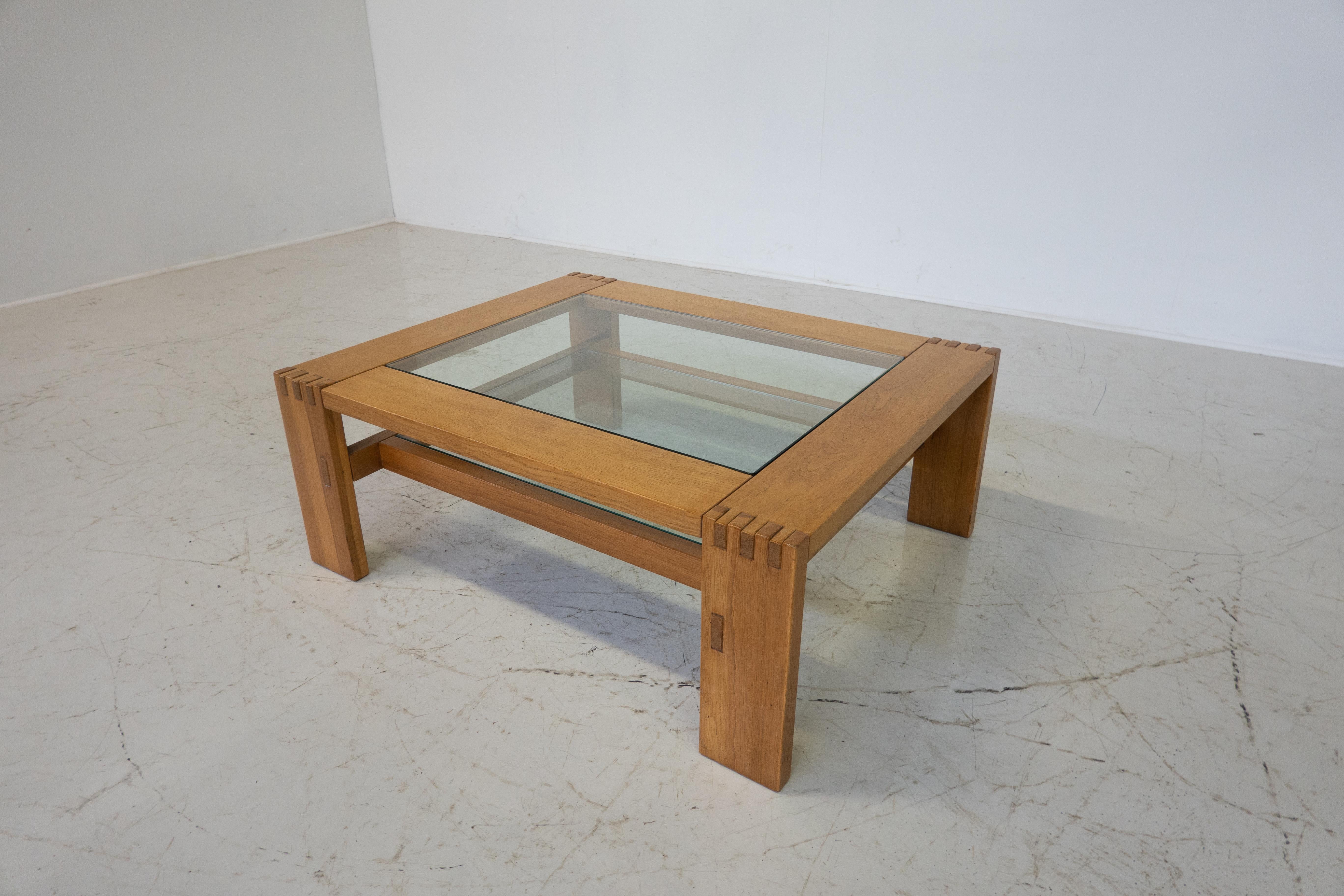 Mid-Century Modern Coffee Table by Guiseppe Rivadossi, Wood and Glass, Italy, 1970s