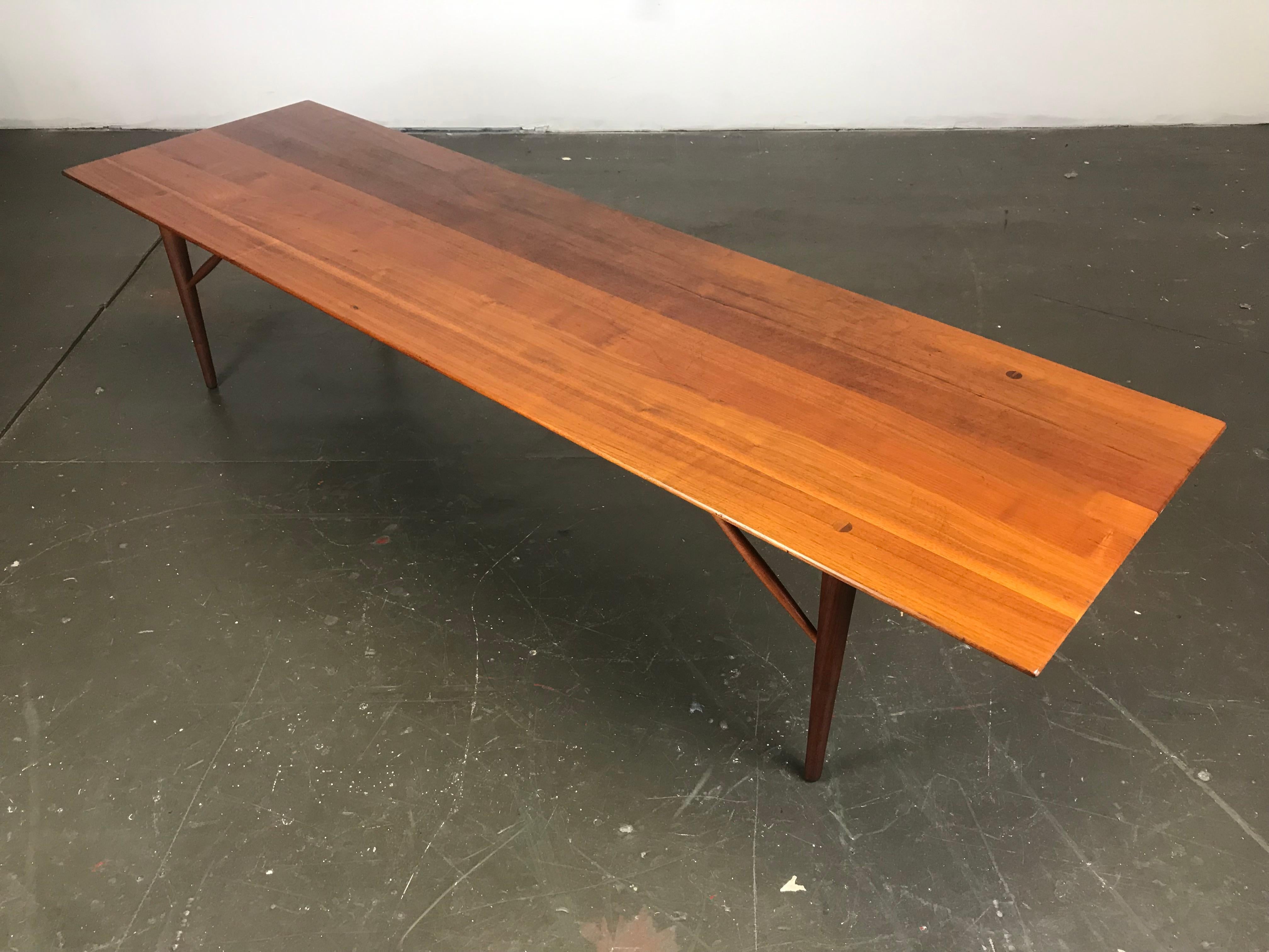 Excellent solid plank walnut coffee table by Kipp Stewart & Stewart MacDougall for Winchendon Furniture Co. Lovely detailed wood dowels where each of the four legs go into the top. Great bracketing underneath with a flair of angled spindles that