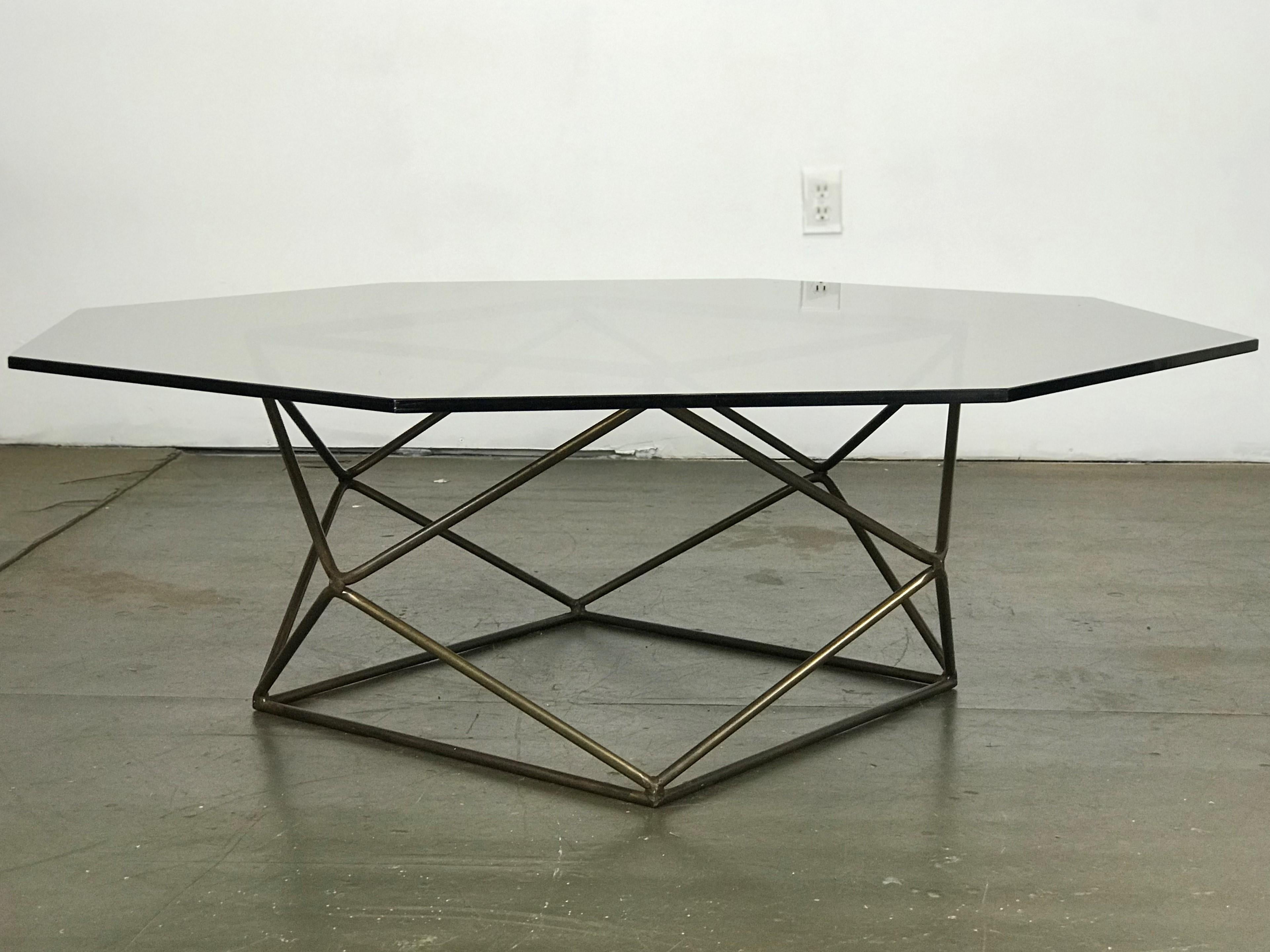 American Mid-Century Modern Coffee Table by Milo Baughman in Glass and Bronzed Steel