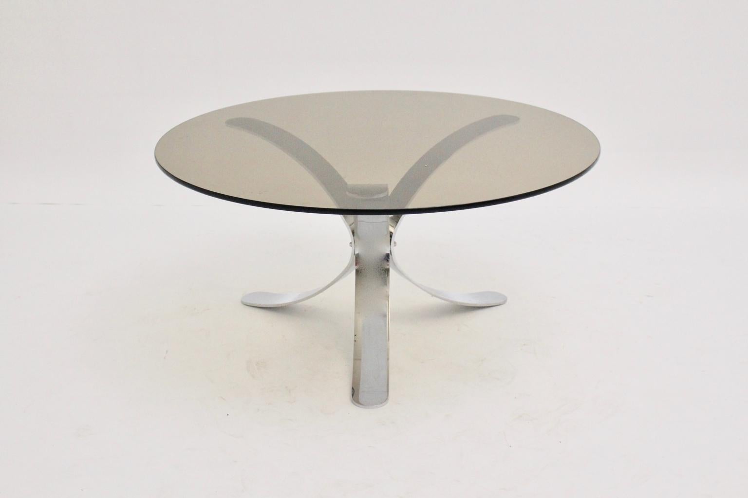 Mid-Century Modern Coffee Table Chromed Metal Smoked Glasstop, Germany For Sale 1