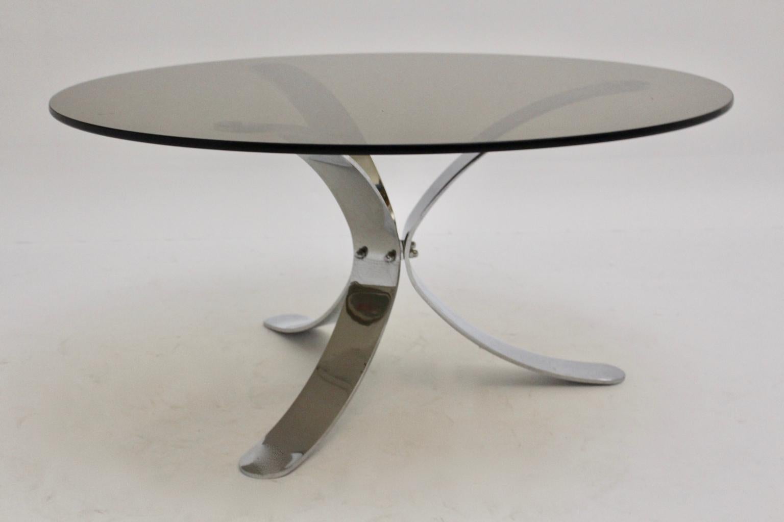 Mid-Century Modern Coffee Table Chromed Metal Smoked Glasstop, Germany For Sale 2