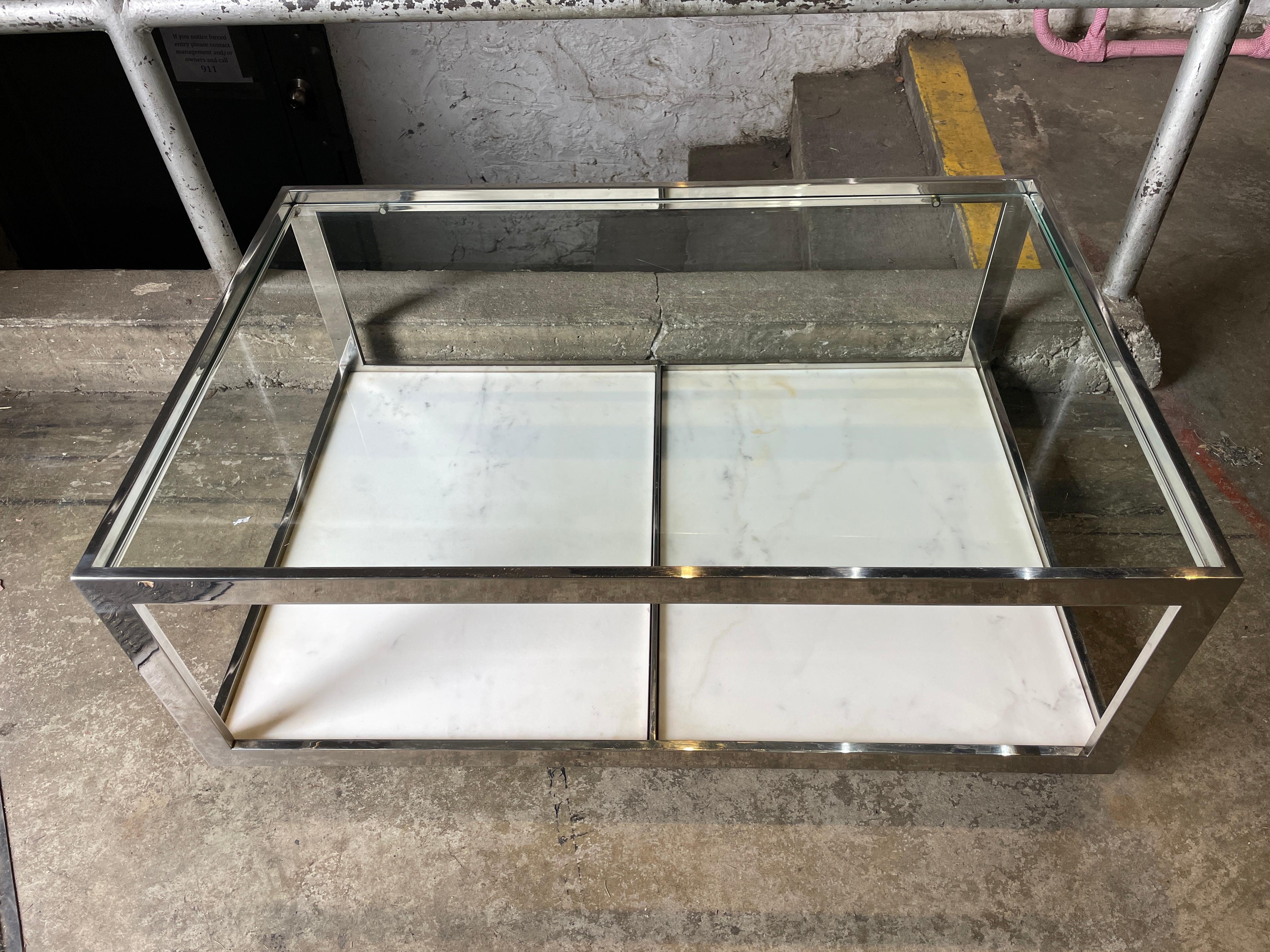 Mid-Century Modern Coffee Table Glass Chrome Marble on Casters  In Good Condition For Sale In BROOKLYN, NY
