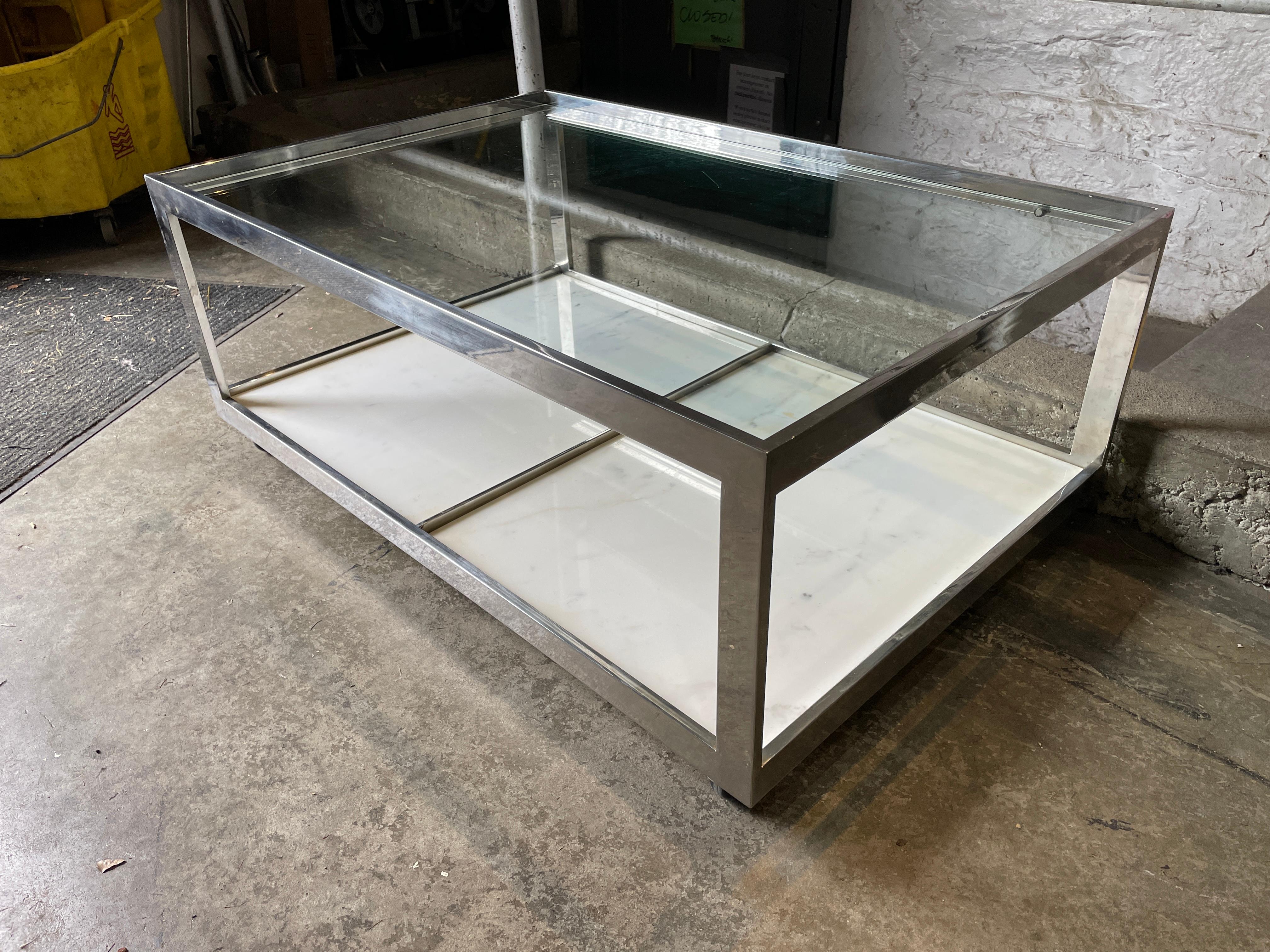 Late 20th Century Mid-Century Modern Coffee Table Glass Chrome Marble on Casters  For Sale
