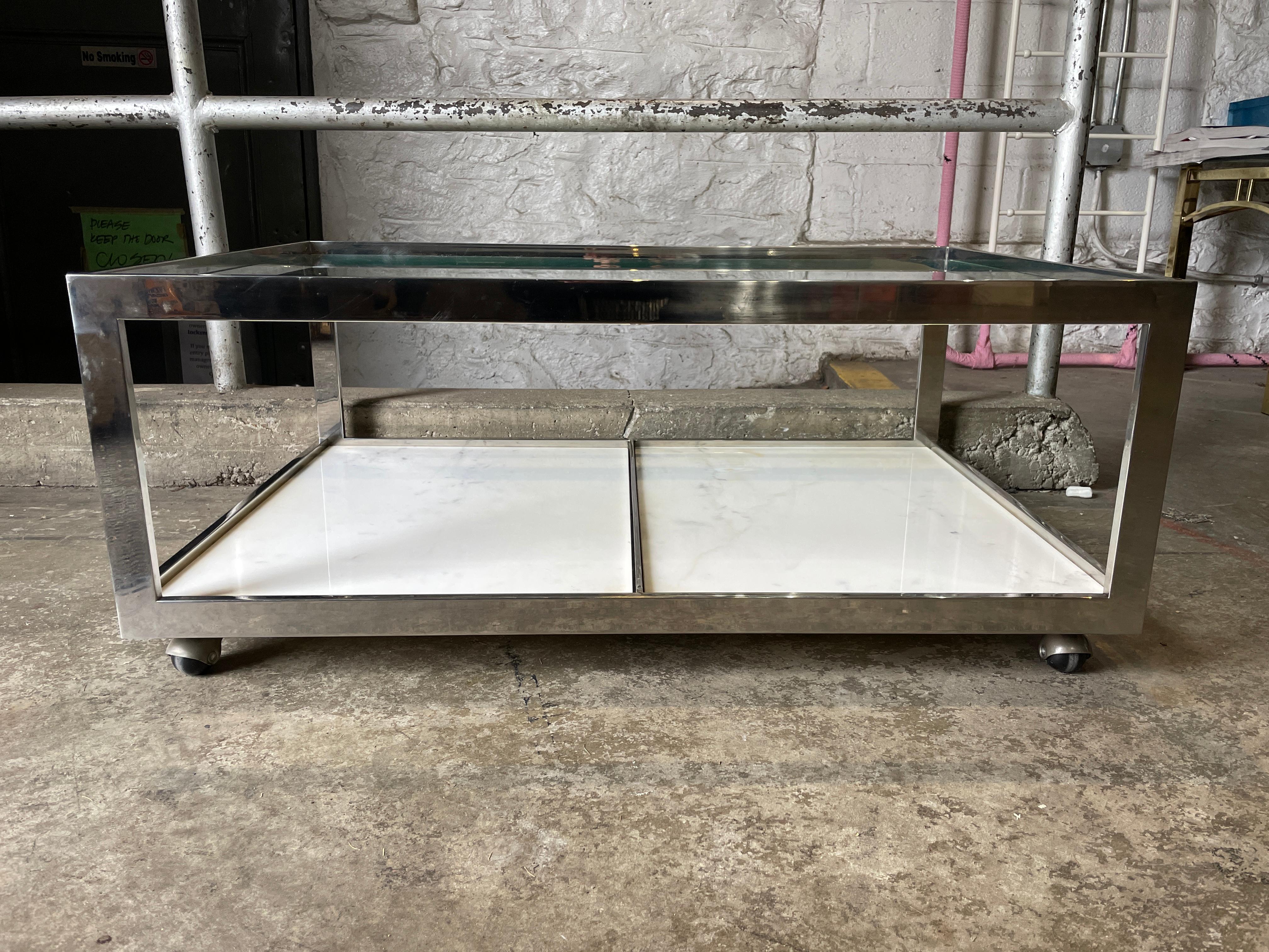 Mid-Century Modern Coffee Table Glass Chrome Marble on Casters  For Sale 2