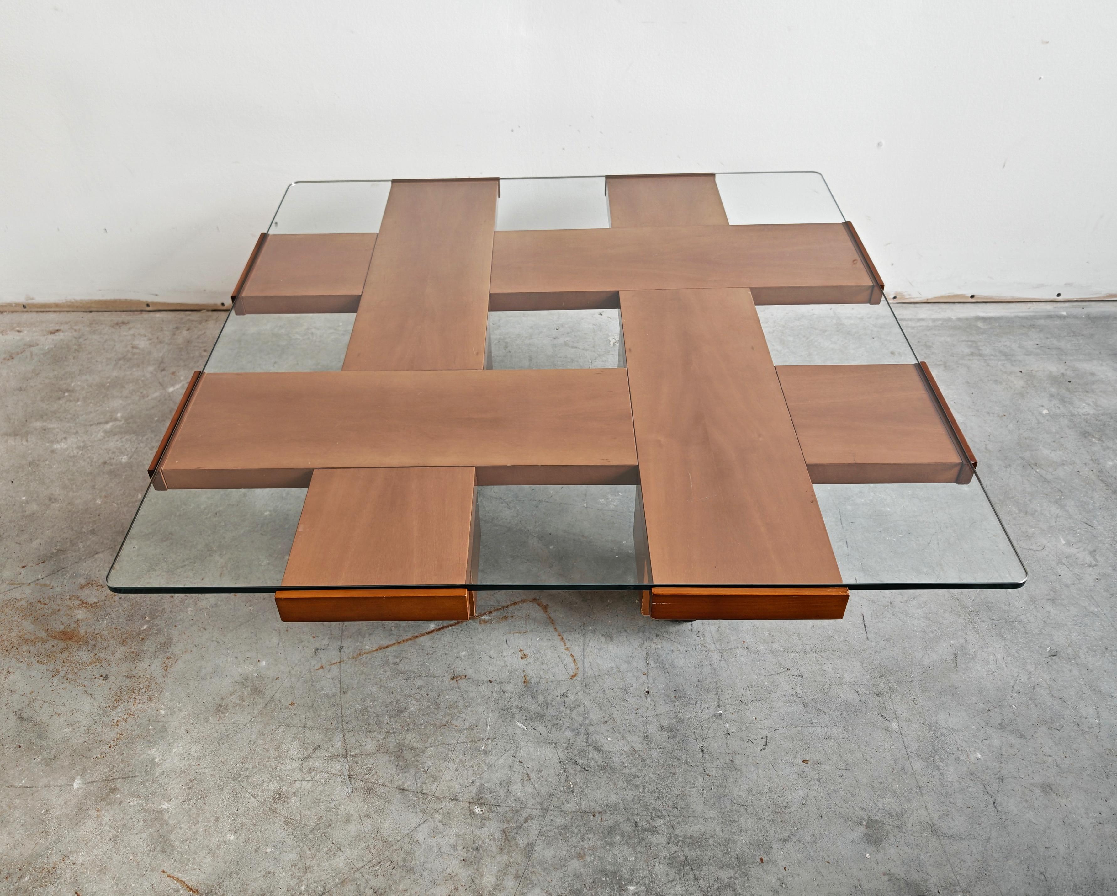 Glass Mid Century Modern Coffee Table in elm wood with grid motif by Marco Zanuso For Sale