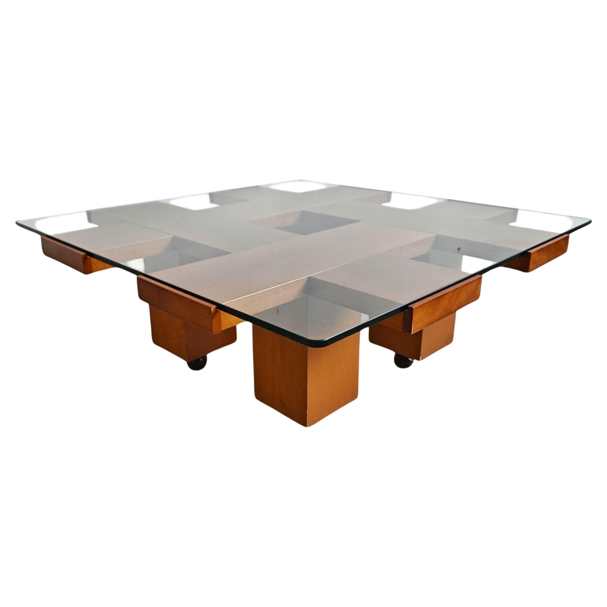 Mid Century Modern Coffee Table in elm wood with grid motif by Marco Zanuso