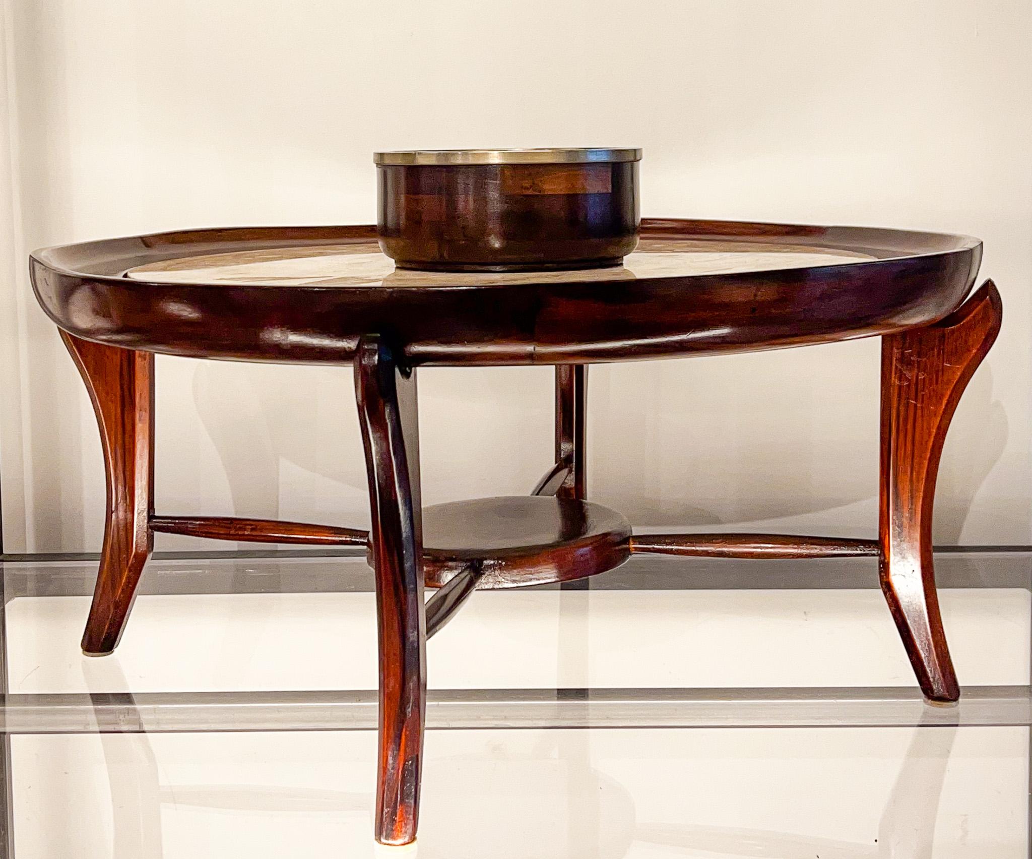 Hand-Carved Mid-Century Modern Coffee Table in Hardwood&Travertine Giuseppe Scapinelli 1954 For Sale