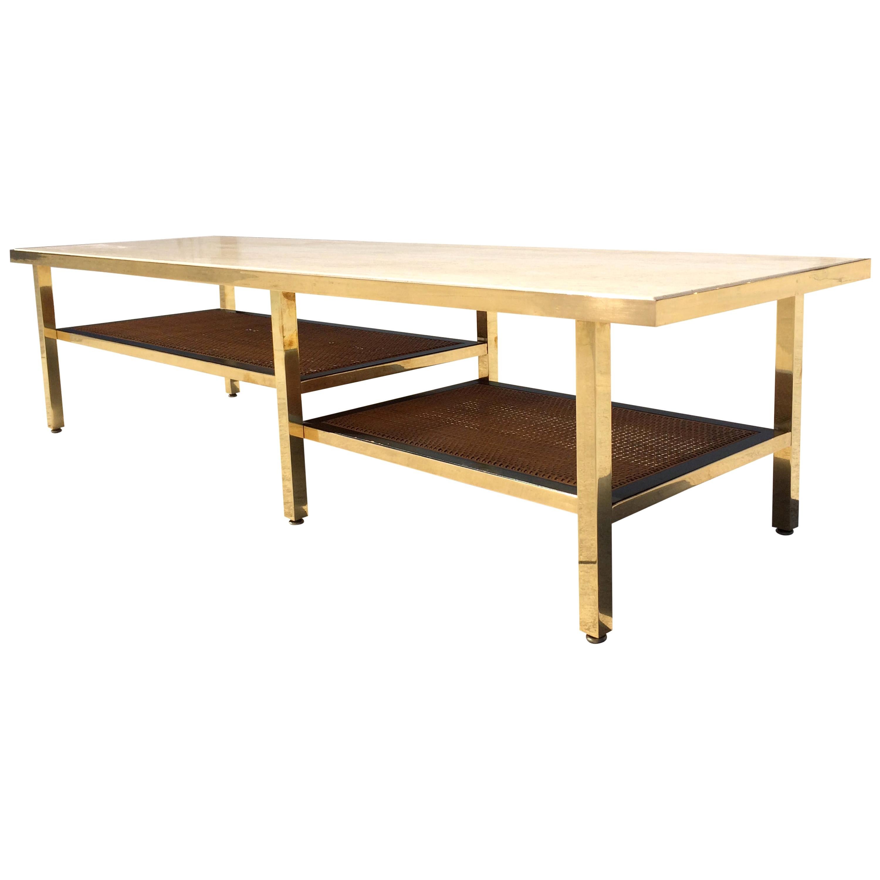 Mid-Century Modern Coffee Table or Bench, Brass Fame with a Travertine Top