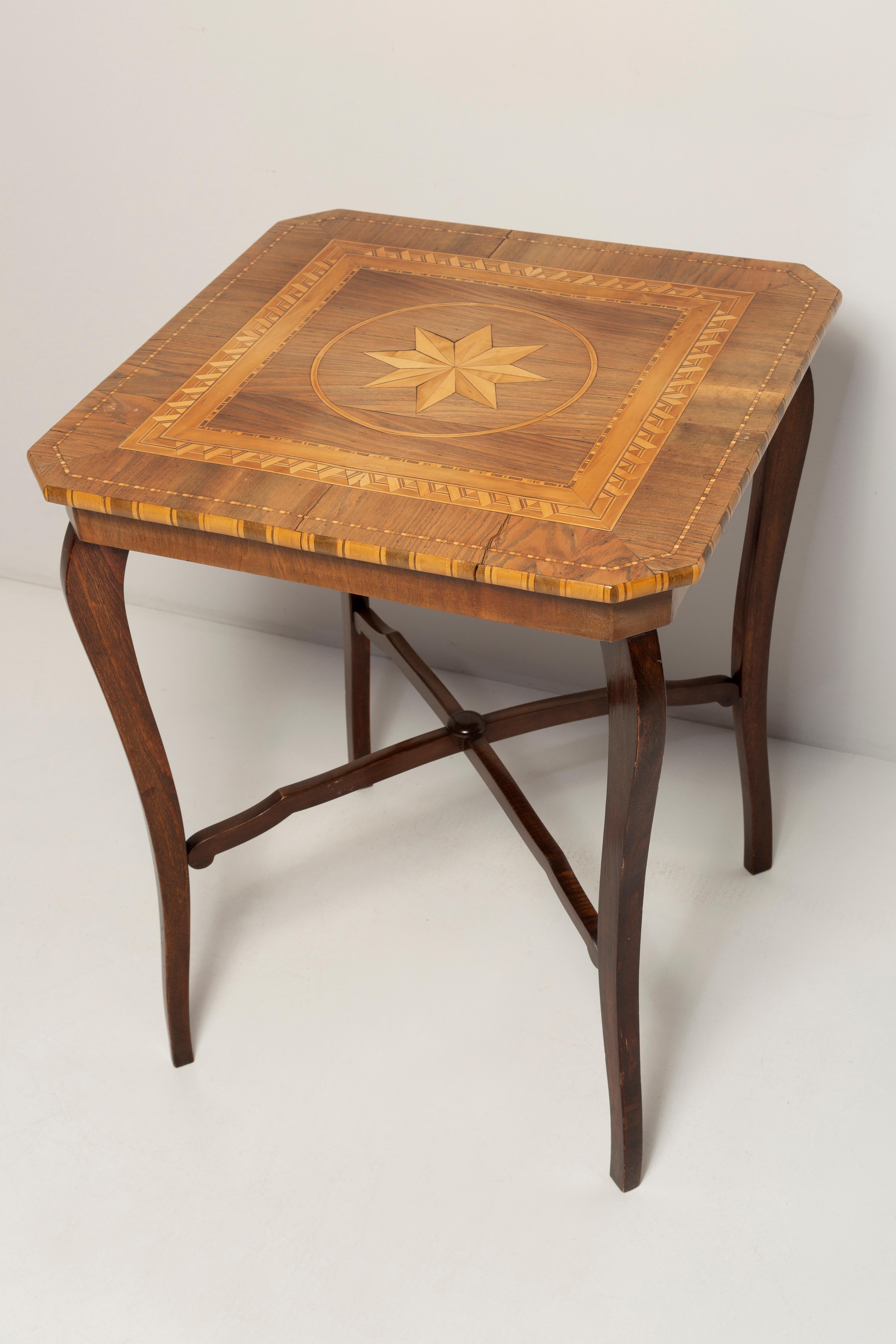 French Mid-Century Modern Coffee Table, Vintage, Art Deco, Star Marquetry, 1960s For Sale