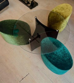 Mid-Century Modern Coffee Table with 3 Poufs in Iridescent Three Tones Velvet