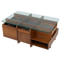 Mid-Century Modern Coffee Table with Compartments, Wood and Glass, Italy, 1970s