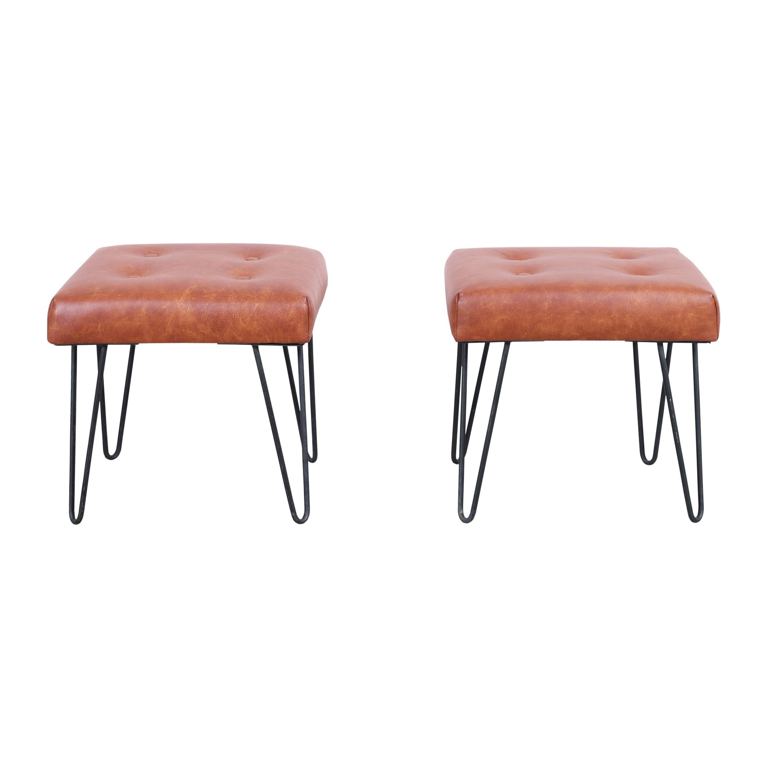 Mid-Century Modern Cognac Leather and Iron Harp Leg Stools, 1950s