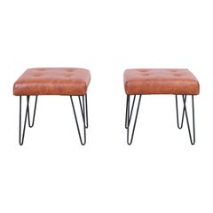 Mid-Century Modern Cognac Leather and Iron Harp Leg Stools, 1950s