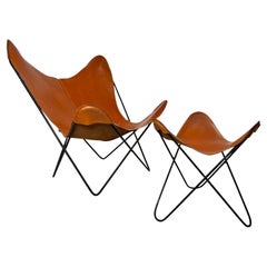 Mid-Century Modern Cognac Leather Knoll Butterfly Chair and Ottoman