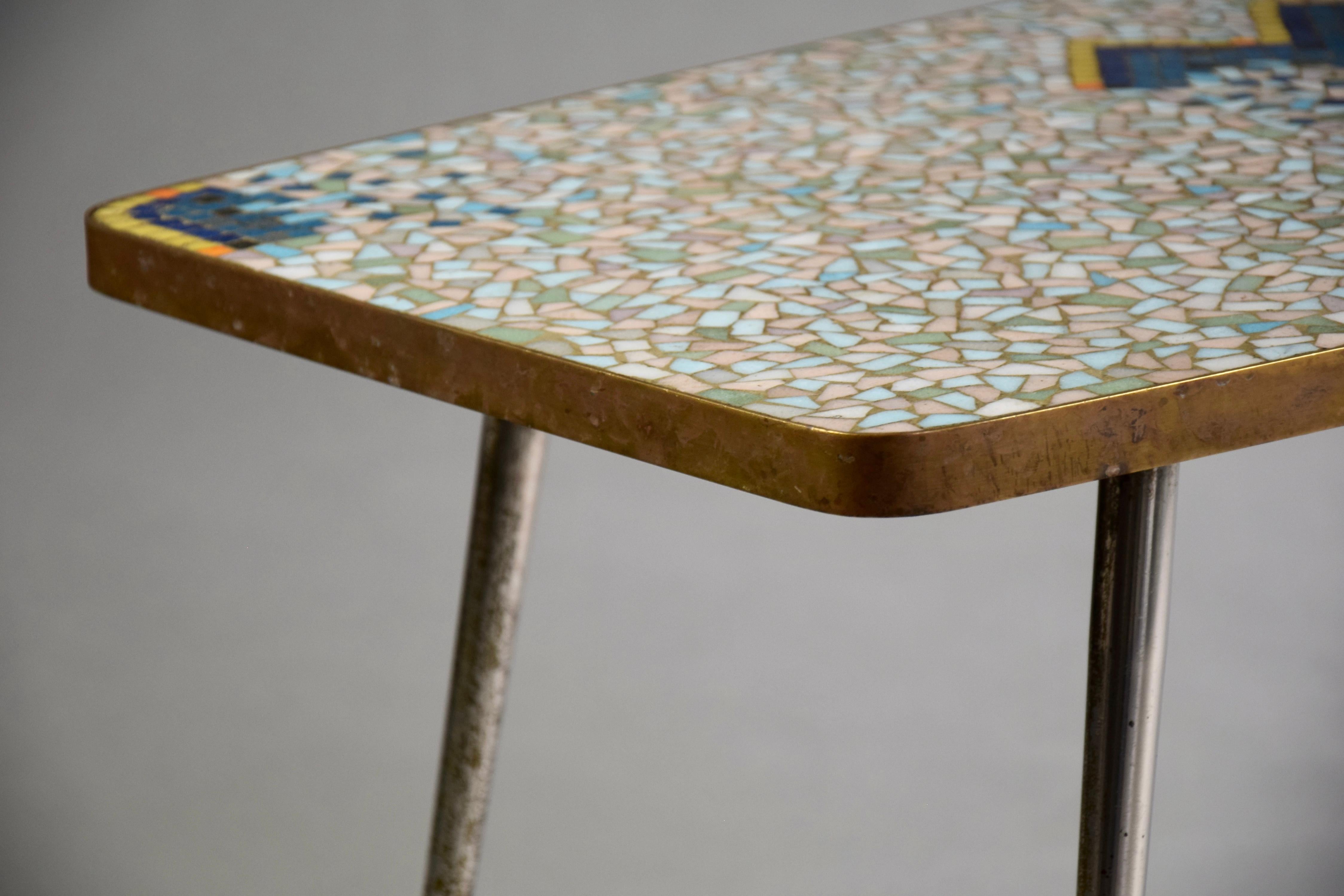 Metal Mid-Century Modern Colorful Mosaic and Brass Coffee Table 
