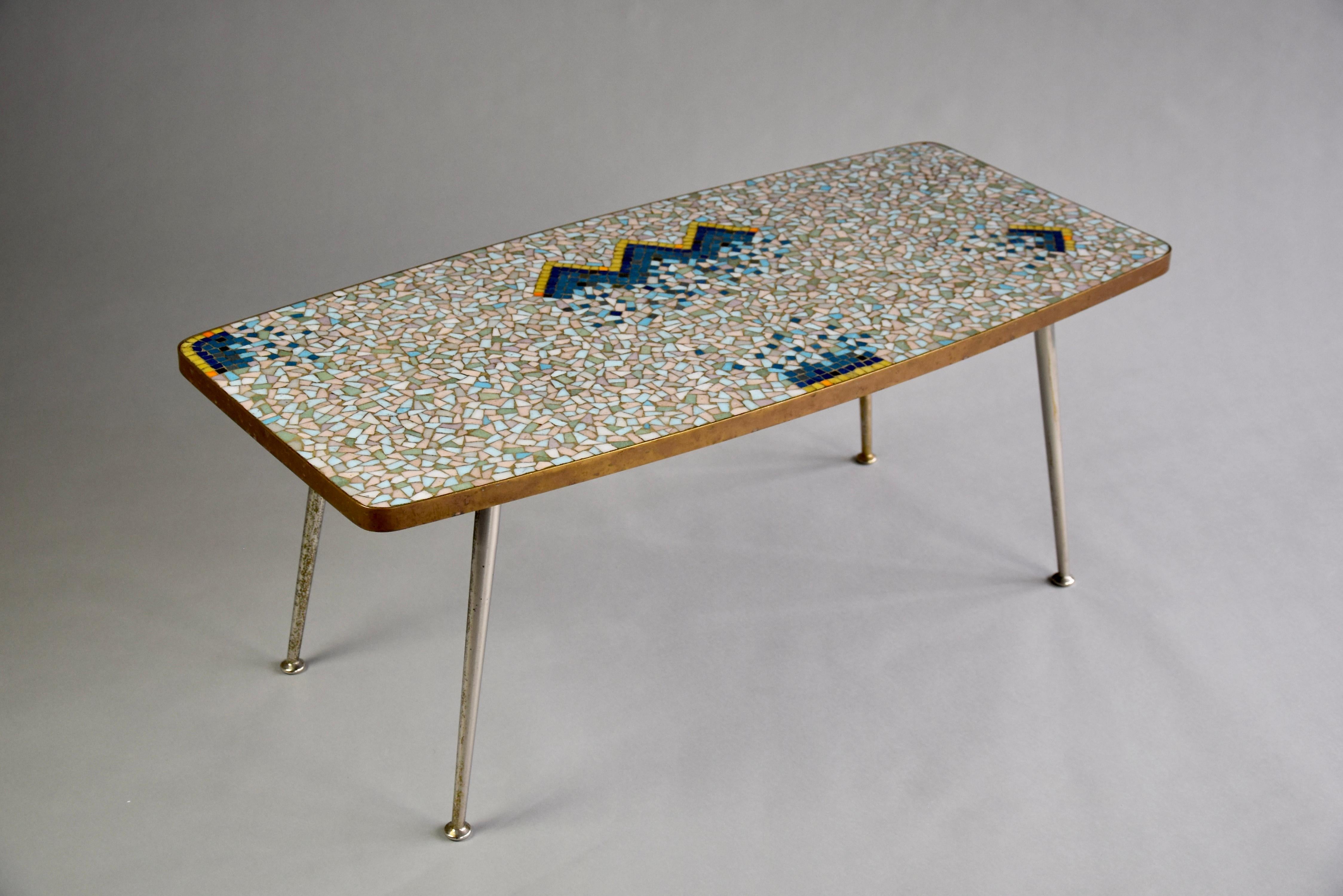 Mid-Century Modern Colorful Mosaic and Brass Coffee Table  2