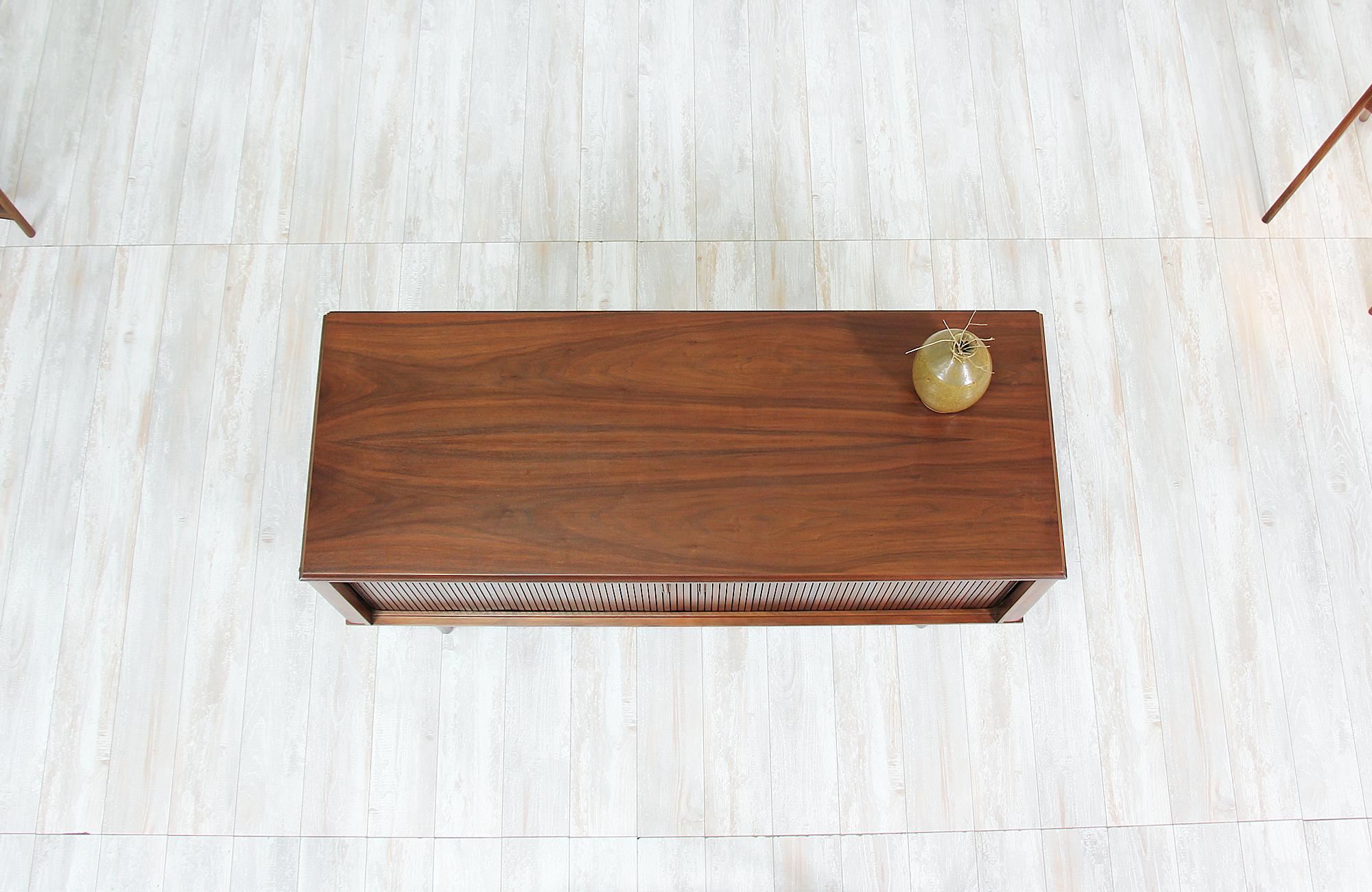 Walnut Mid-Century Modern Compact Tambour-Door Credenza by Barzilay