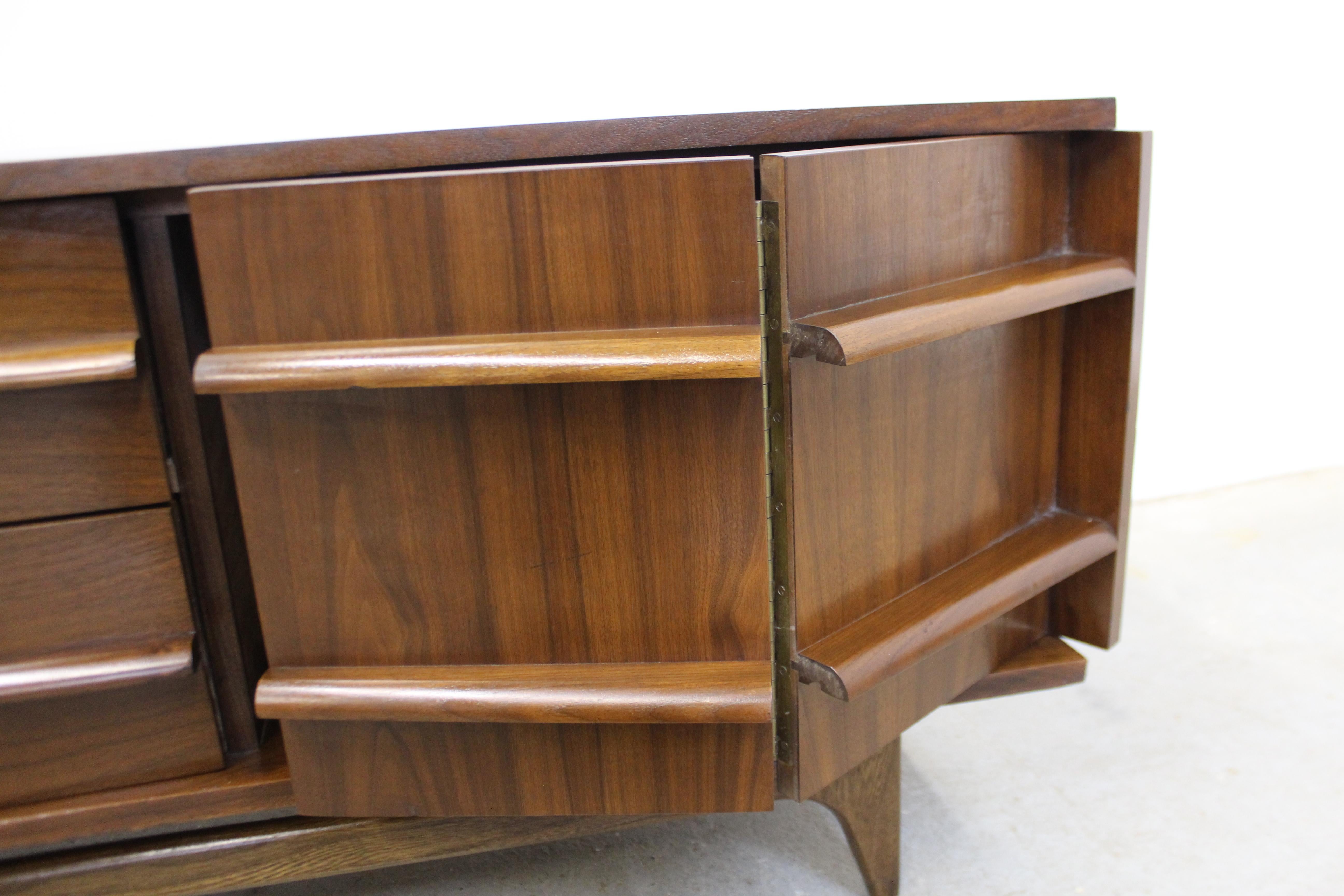 American  Mid-Century Modern Concave Front Walnut Credenza by Young Mfg. Co.