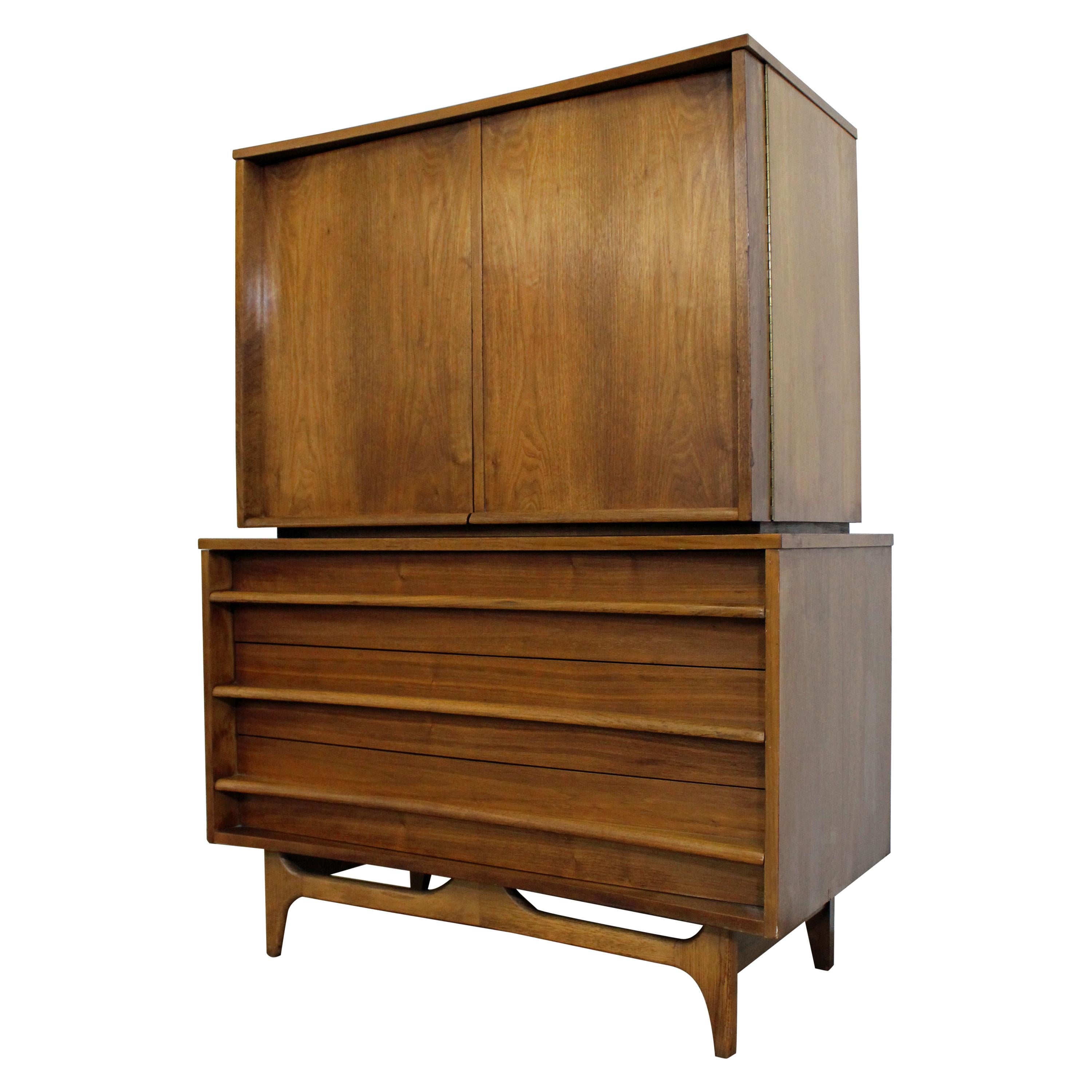 Mid-Century Modern Concave Front Walnut Tall Chest Armoire