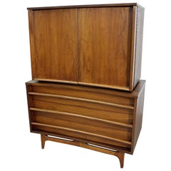 Mid-Century Modern Concave Front Walnut Tall Chest Armoire