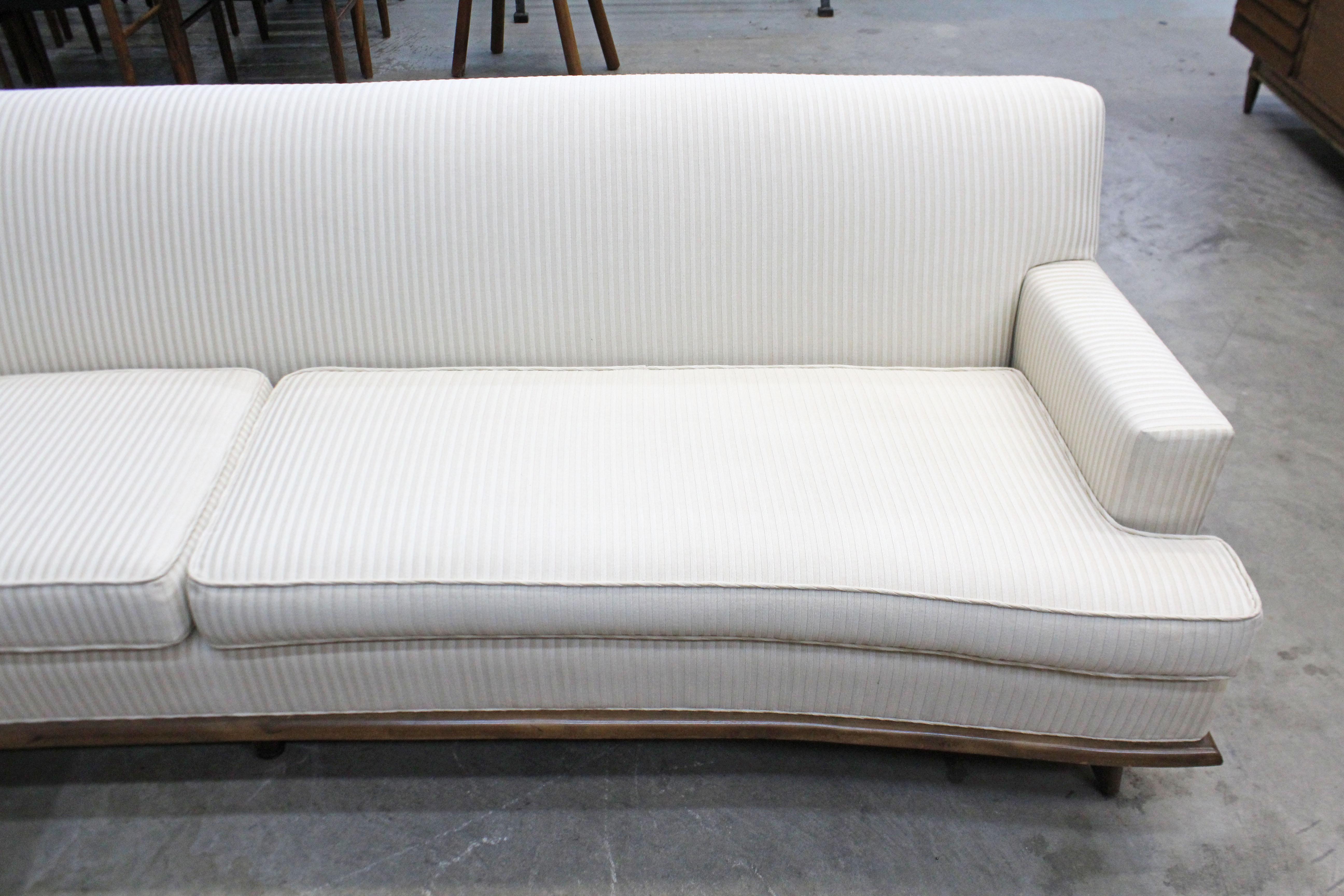 Mid-Century Modern Concave-Front White Sofa on Wood Base 5