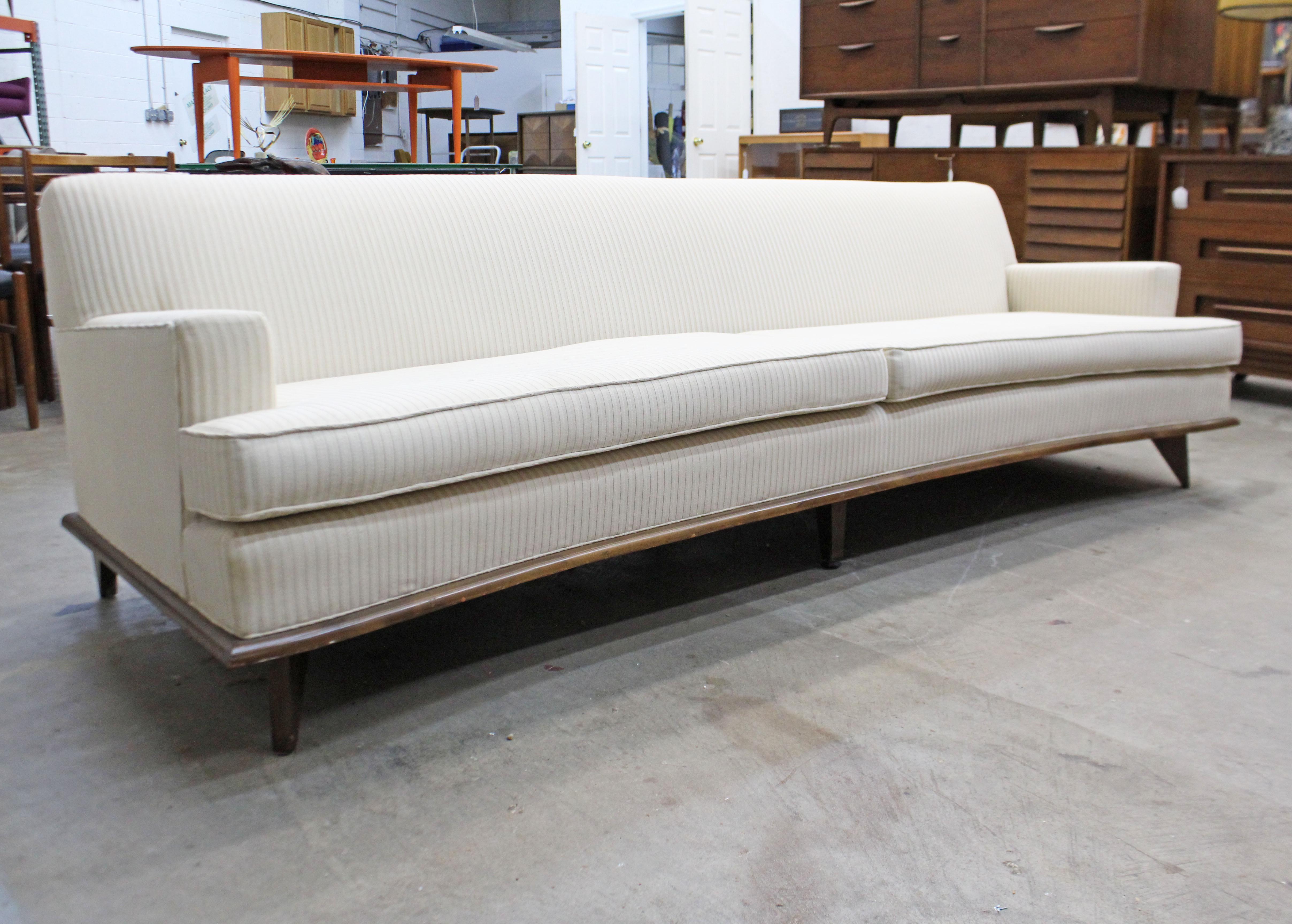 Mid-Century Modern Concave-Front White Sofa on Wood Base 2