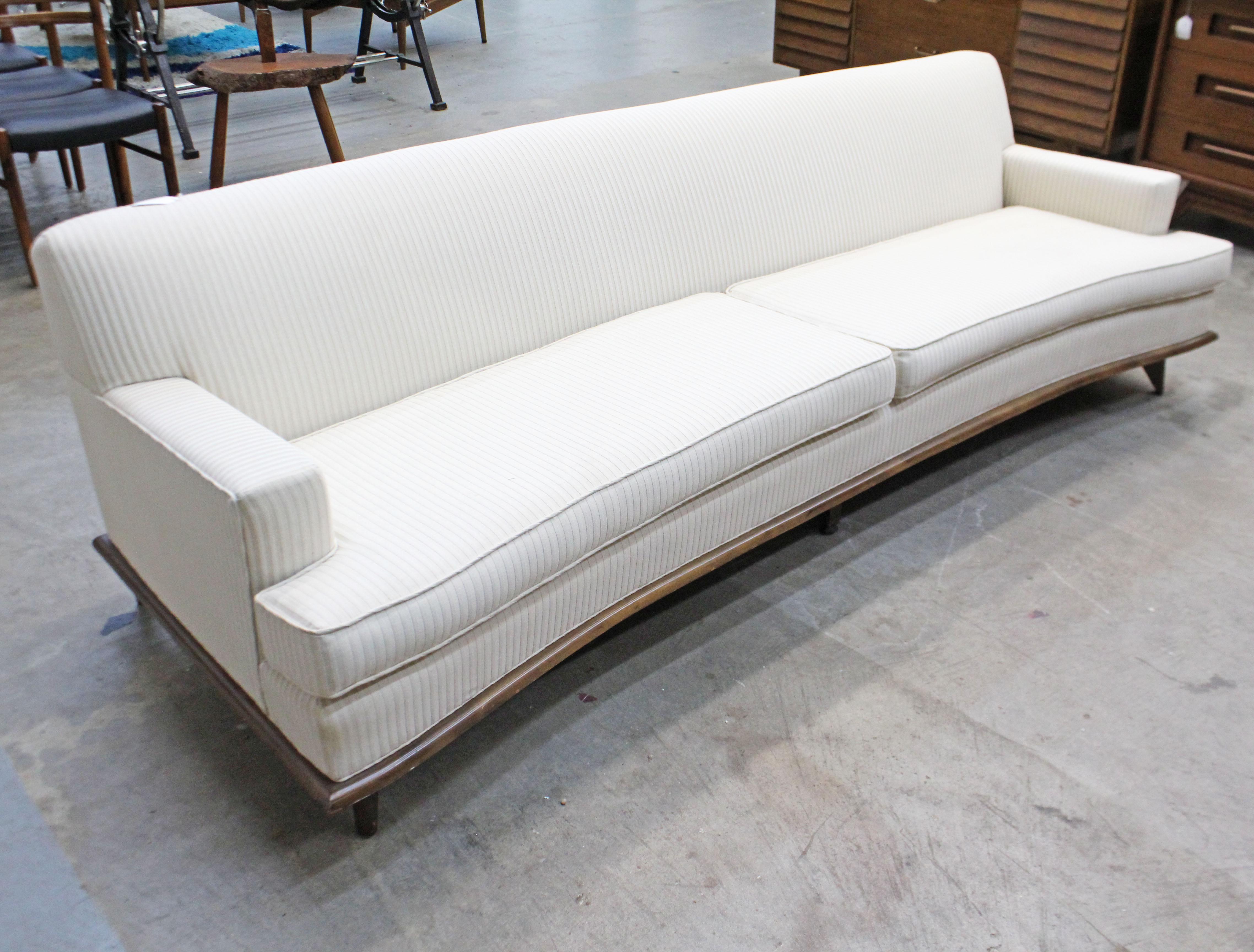 Mid-Century Modern Concave-Front White Sofa on Wood Base 3