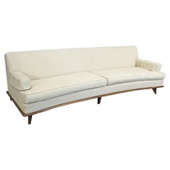 Mid-Century Modern Concave-Front White Sofa on Wood Base