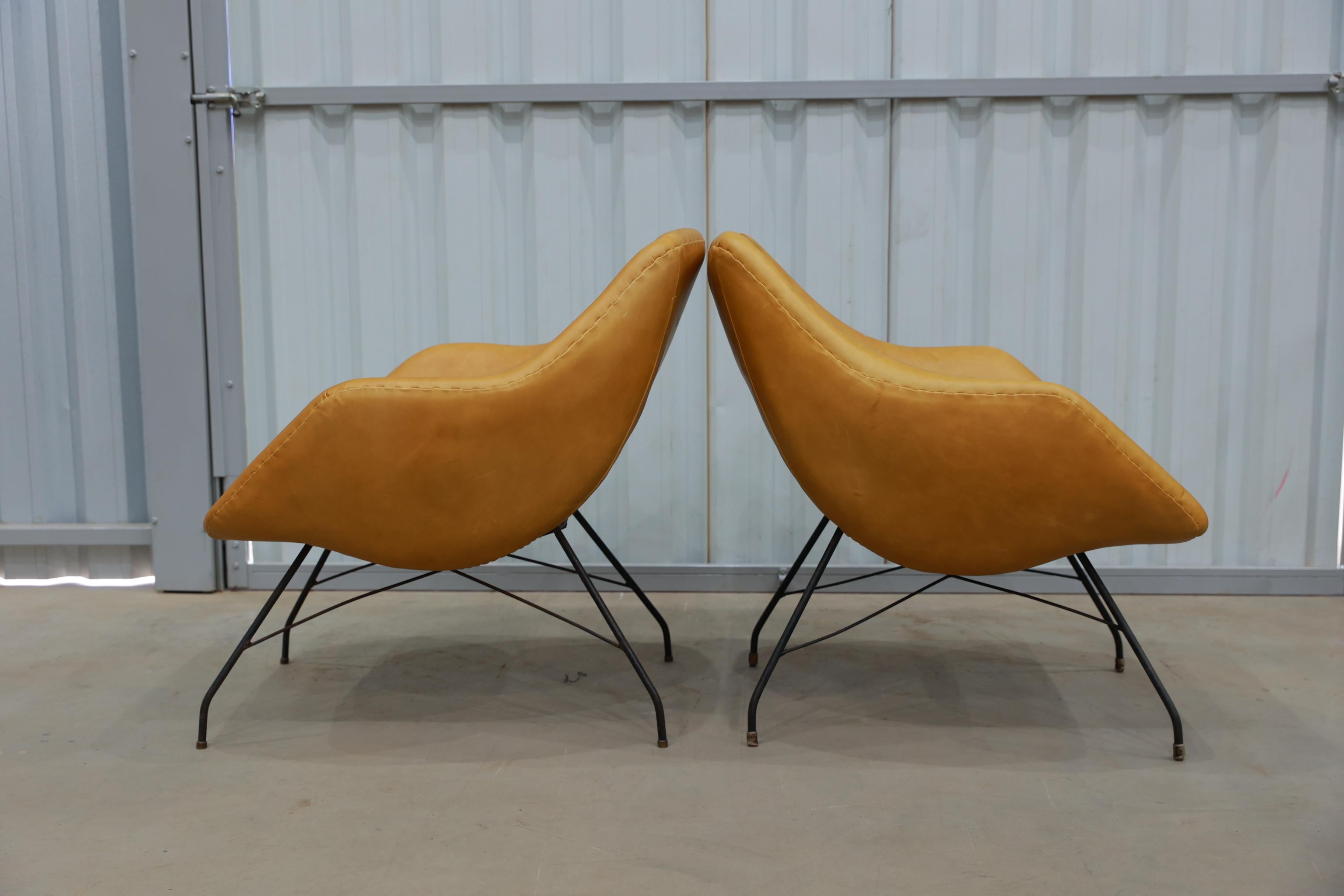 Brazilian Mid Century Modern Concha Armchairs in Leather & Metal by Carlo Hauner, c. 1950