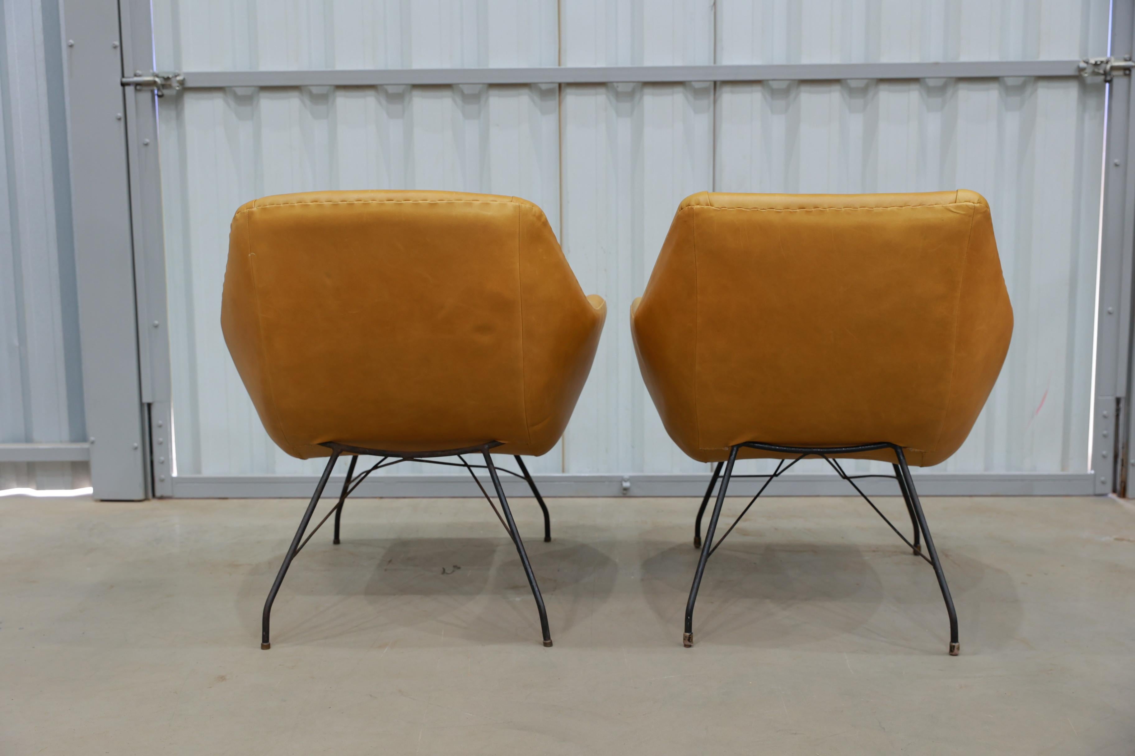 Metalwork Mid Century Modern Concha Armchairs in Leather & Metal by Carlo Hauner, c. 1950