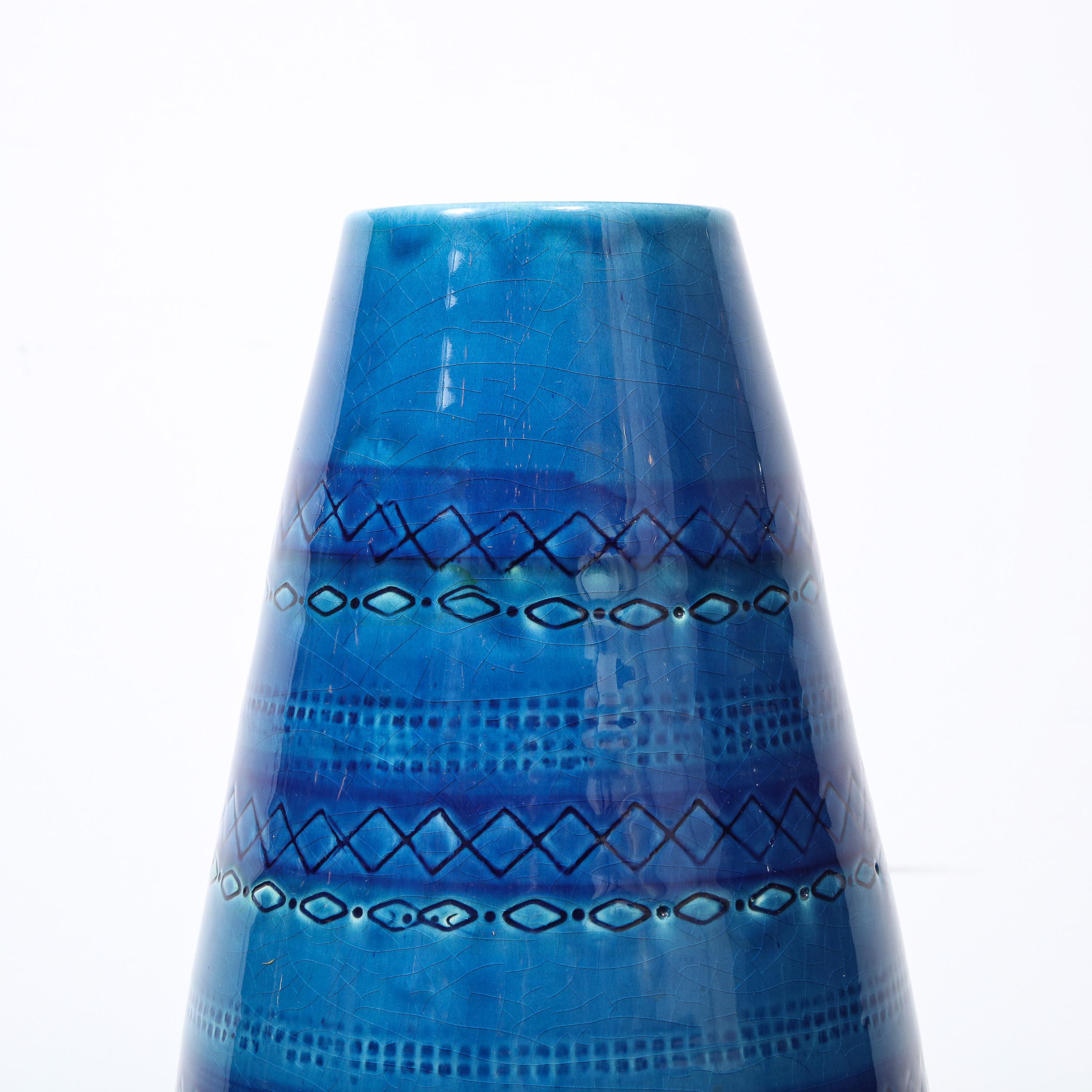 Mid-Century Modern Conical Azure Blue Ceramic Vase with Geometric Detailing 5