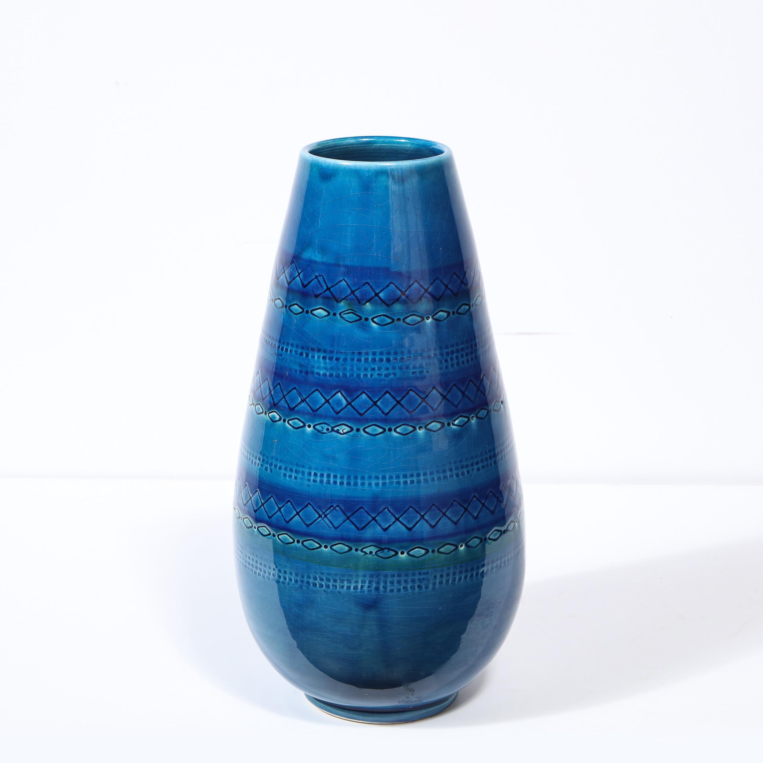 Mid-Century Modern Conical Azure Blue Ceramic Vase with Geometric Detailing 6