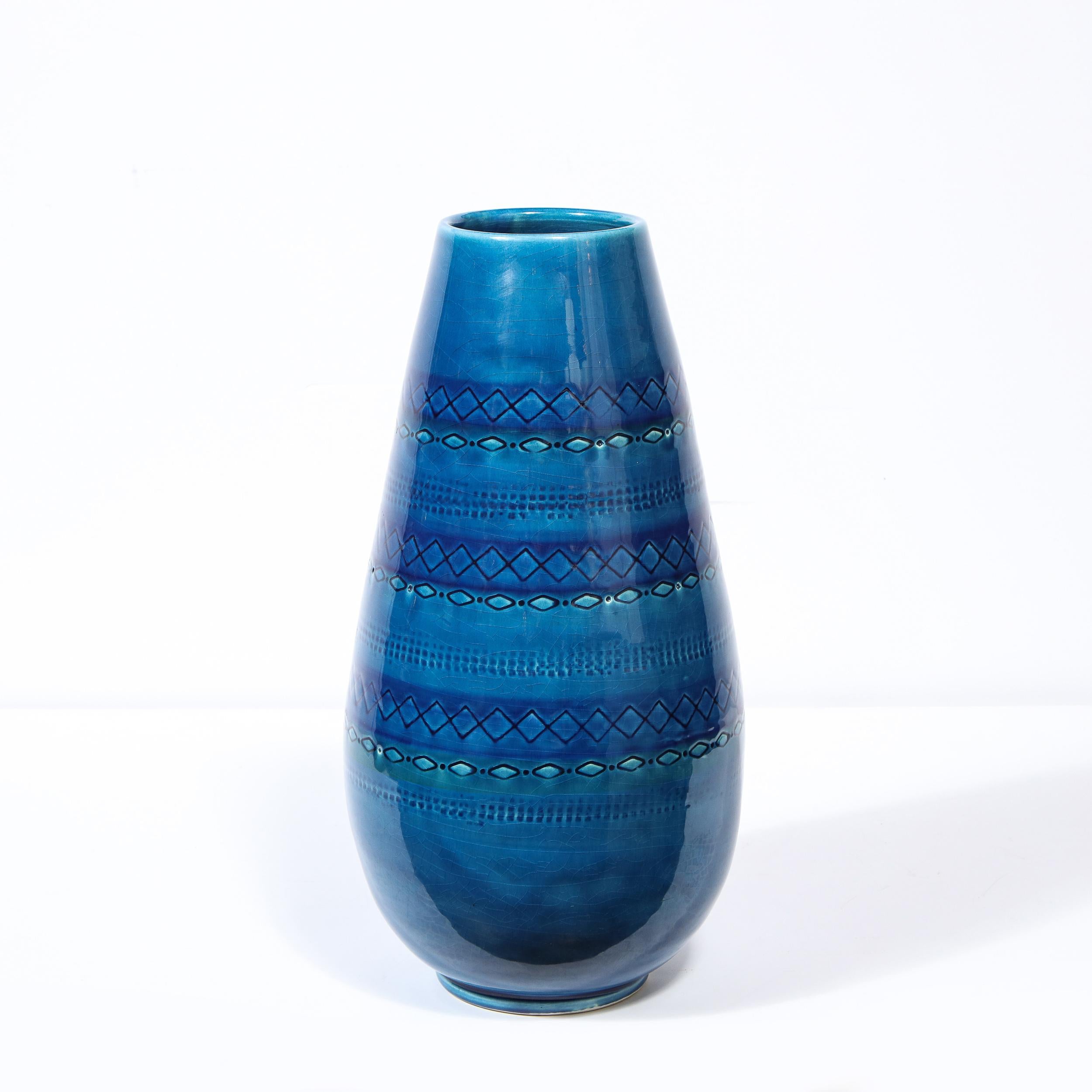 Mid-Century Modern Conical Azure Blue Ceramic Vase with Geometric Detailing 7