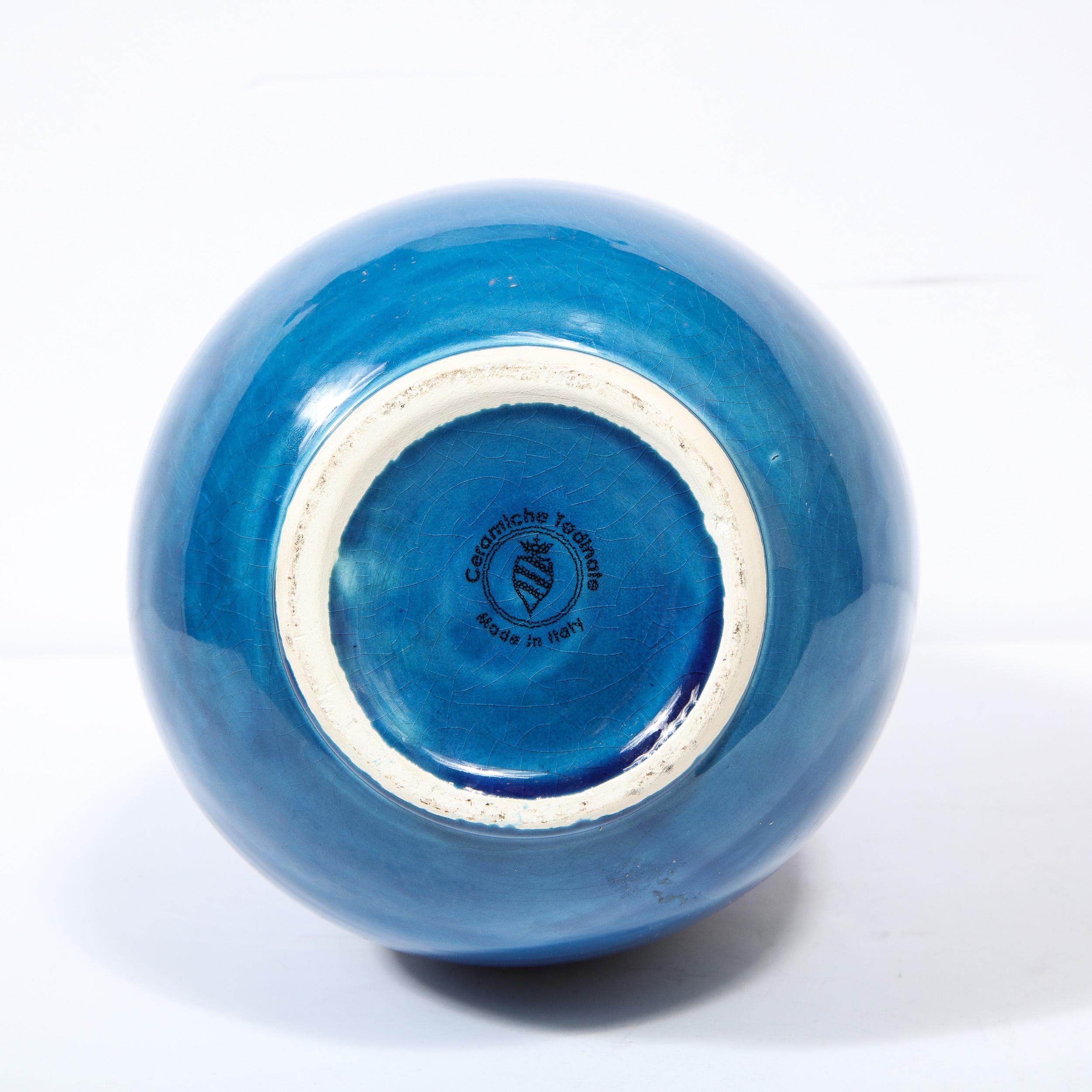 Mid-Century Modern Conical Azure Blue Ceramic Vase with Geometric Detailing 8