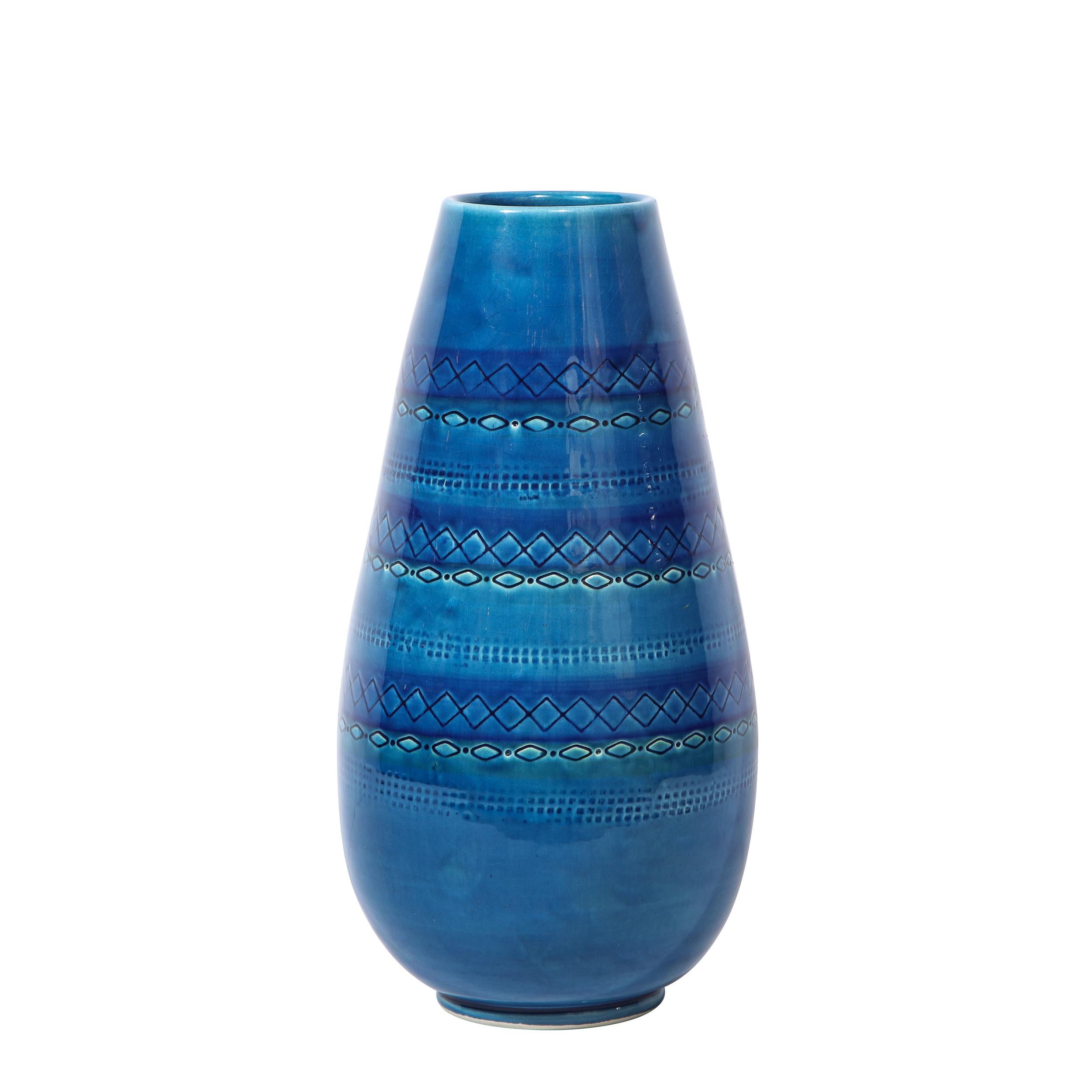 Italian Mid-Century Modern Conical Azure Blue Ceramic Vase with Geometric Detailing