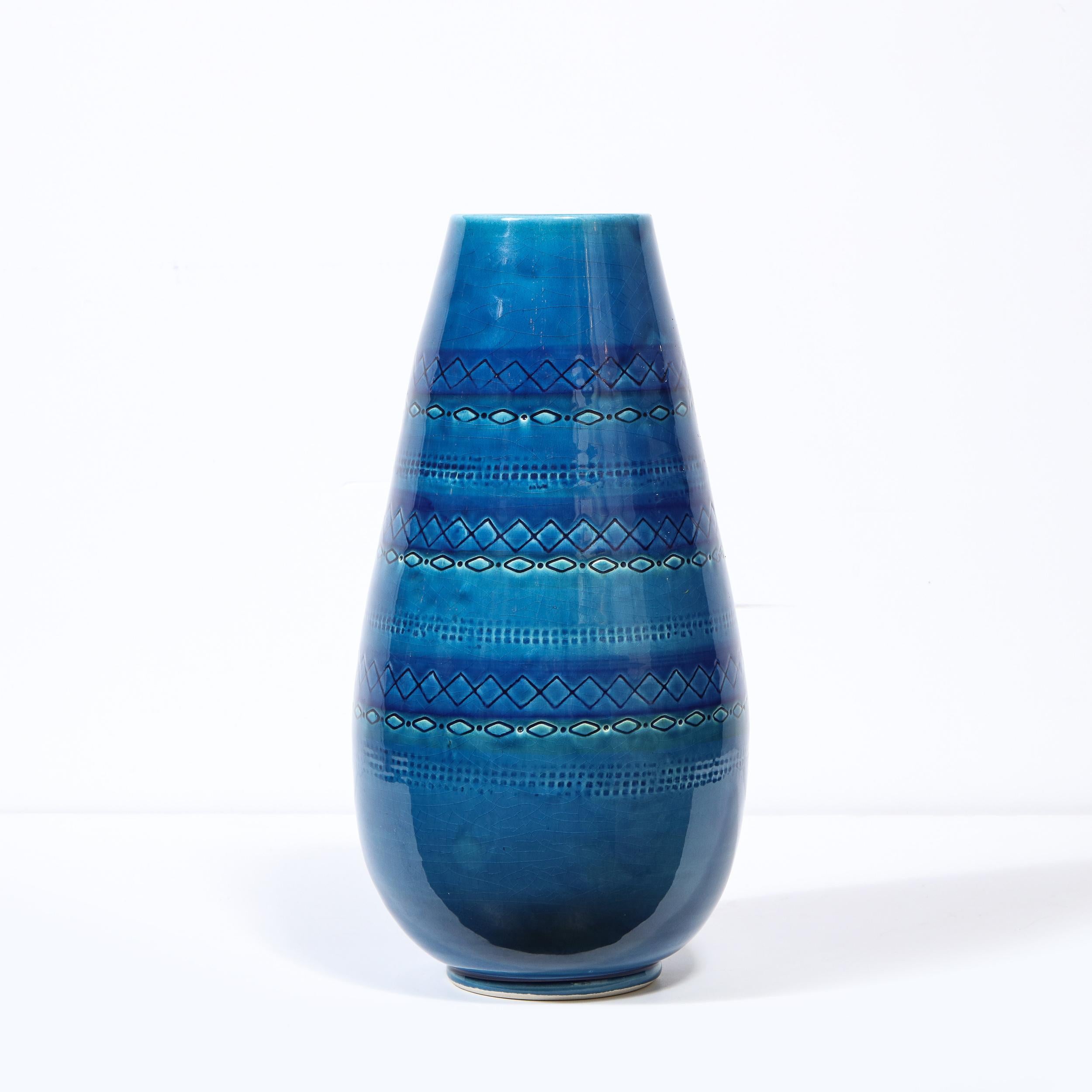 Mid-Century Modern Conical Azure Blue Ceramic Vase with Geometric Detailing In Excellent Condition In New York, NY