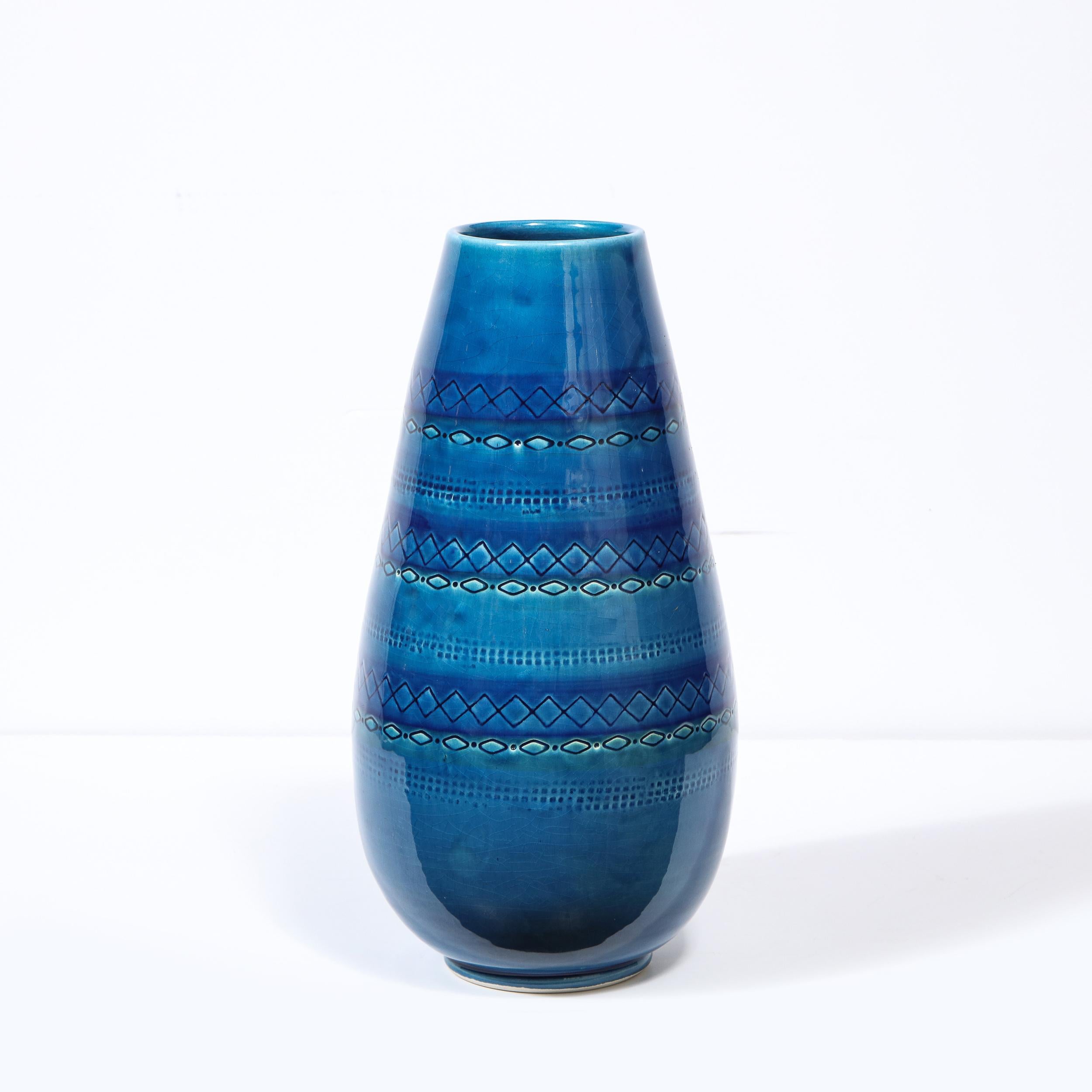 Mid-20th Century Mid-Century Modern Conical Azure Blue Ceramic Vase with Geometric Detailing